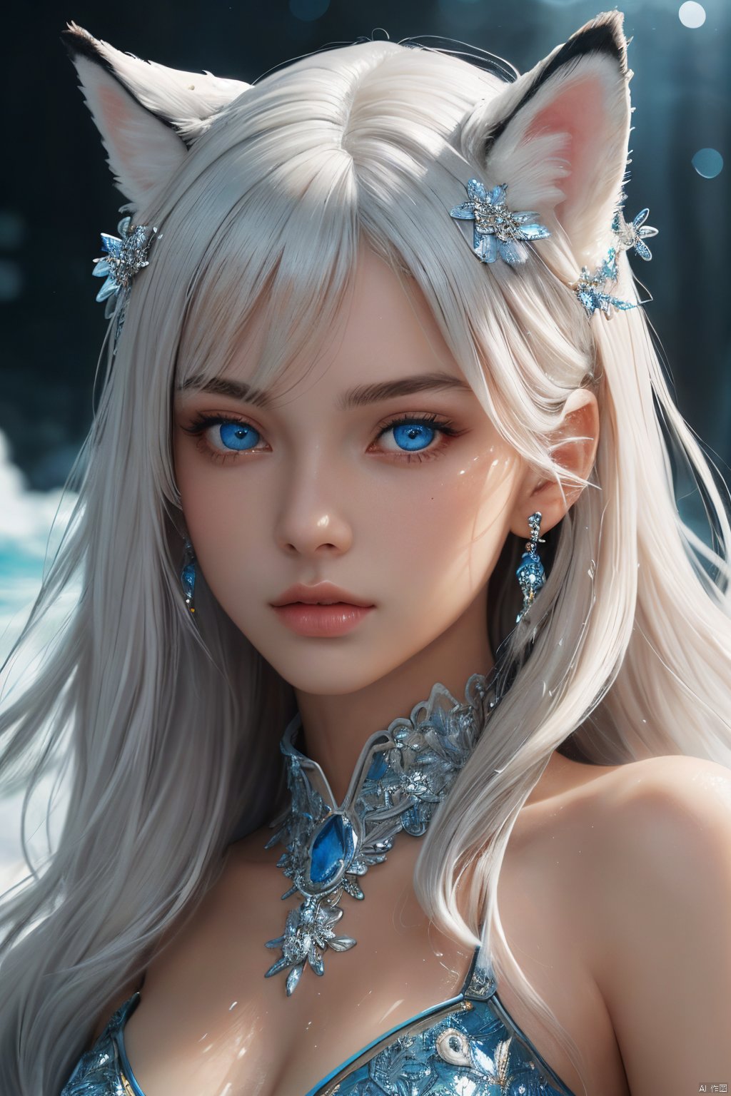  masterpiece, best quality,official art, extremelydetailed cg 8k wallpaper,(flying petals)(detailed ice) , crystalstexture skin, coldexpression, ((fox ears)),white hair, longhair, messy hair, blue eye,looking at viewer,extremely delicate andbeautiful, water, ((beautydetailed eye)), highlydetailed, cinematiclighting, ((beautiful face),fine water surface, (originalfigure painting), ultra-detailed, incrediblydetailed, (an extremelydelicate and beautiful),beautiful detailed eyes,(best quality)