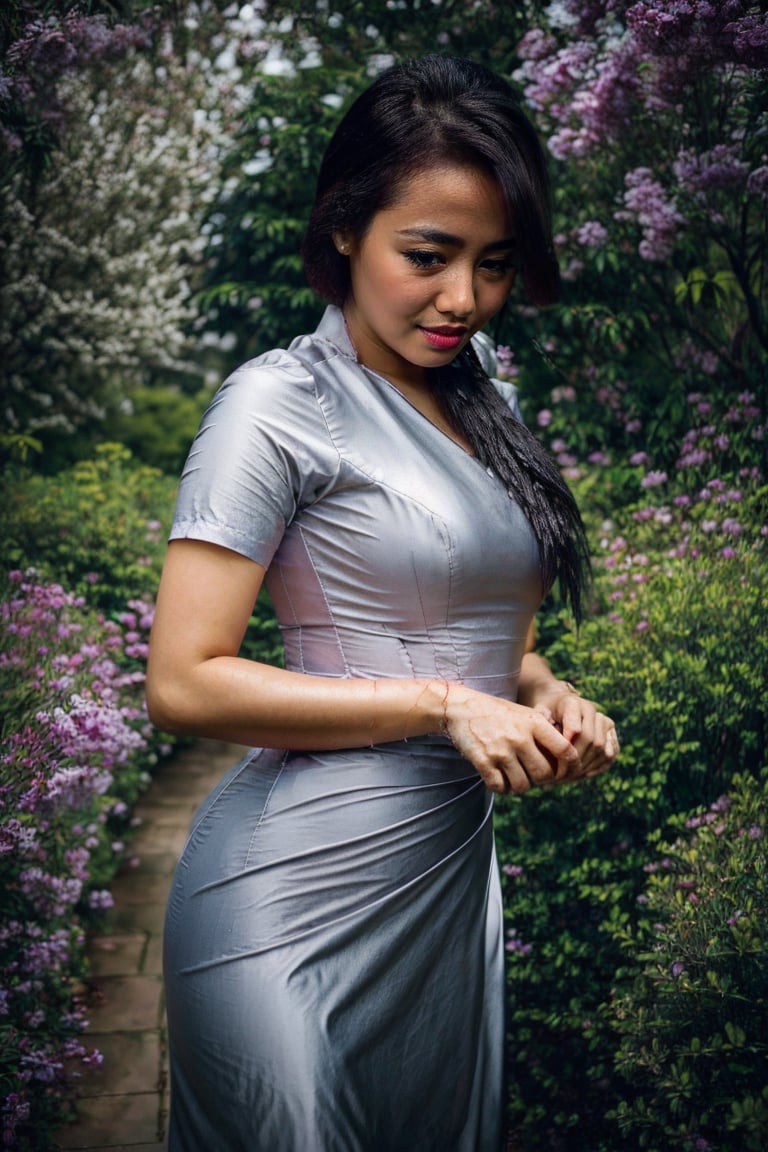 full photo of beautiful woman sexy posed in the garden with wet myanmar outfit, raining, attractive look, fat body, long hair, beautiful eye, photorealistic, hyperreallistic, 8K, detail, High quality, masterpiece,photorealistic,Myanmar