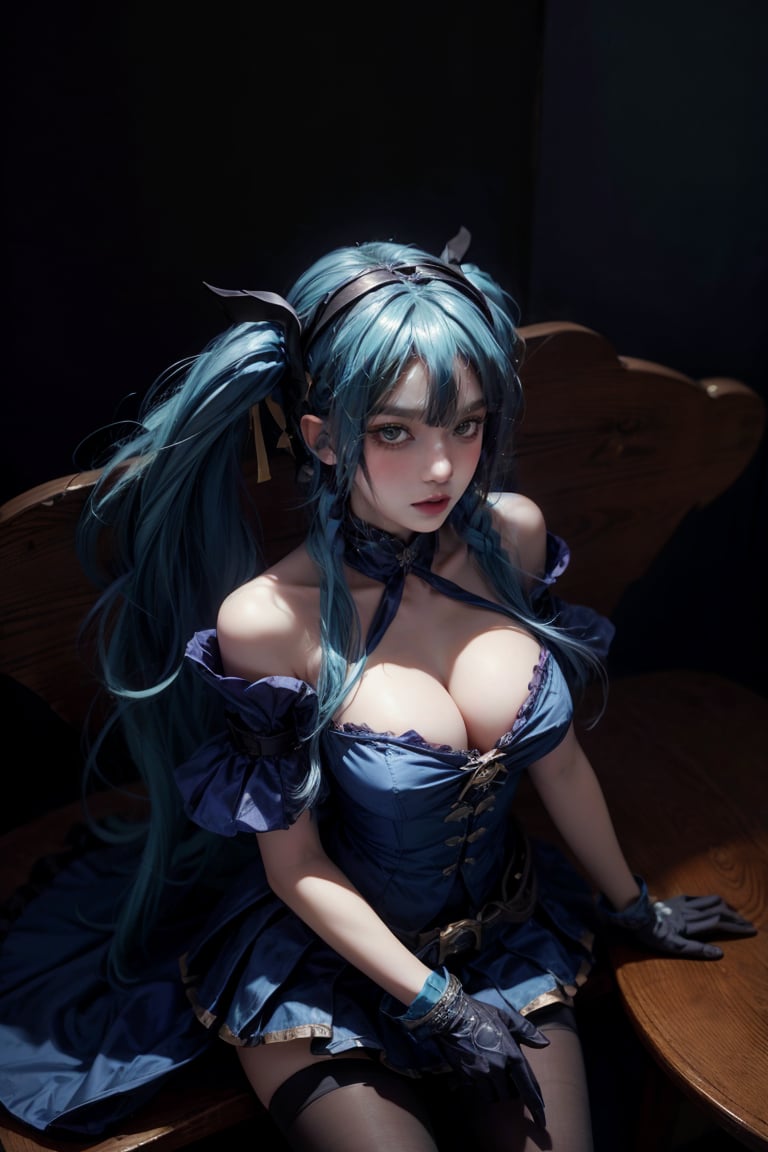 female, ((masterpiece, best quality, ultra detailed, absurdres):1.5),mikusound,,miku, hatsune_miku, skirt, holding,shirt, gloves, holding, hair between eyes, twintails, very long hair, closed mouth, standing, short sleeves, pantyhose, pleated skirt, necktie, collared shirt, belt, miniskirt, aqua eyes, blue skirt, black pantyhose, black shirt, aqua hair,head phone, photorealistic, viewed_from_above