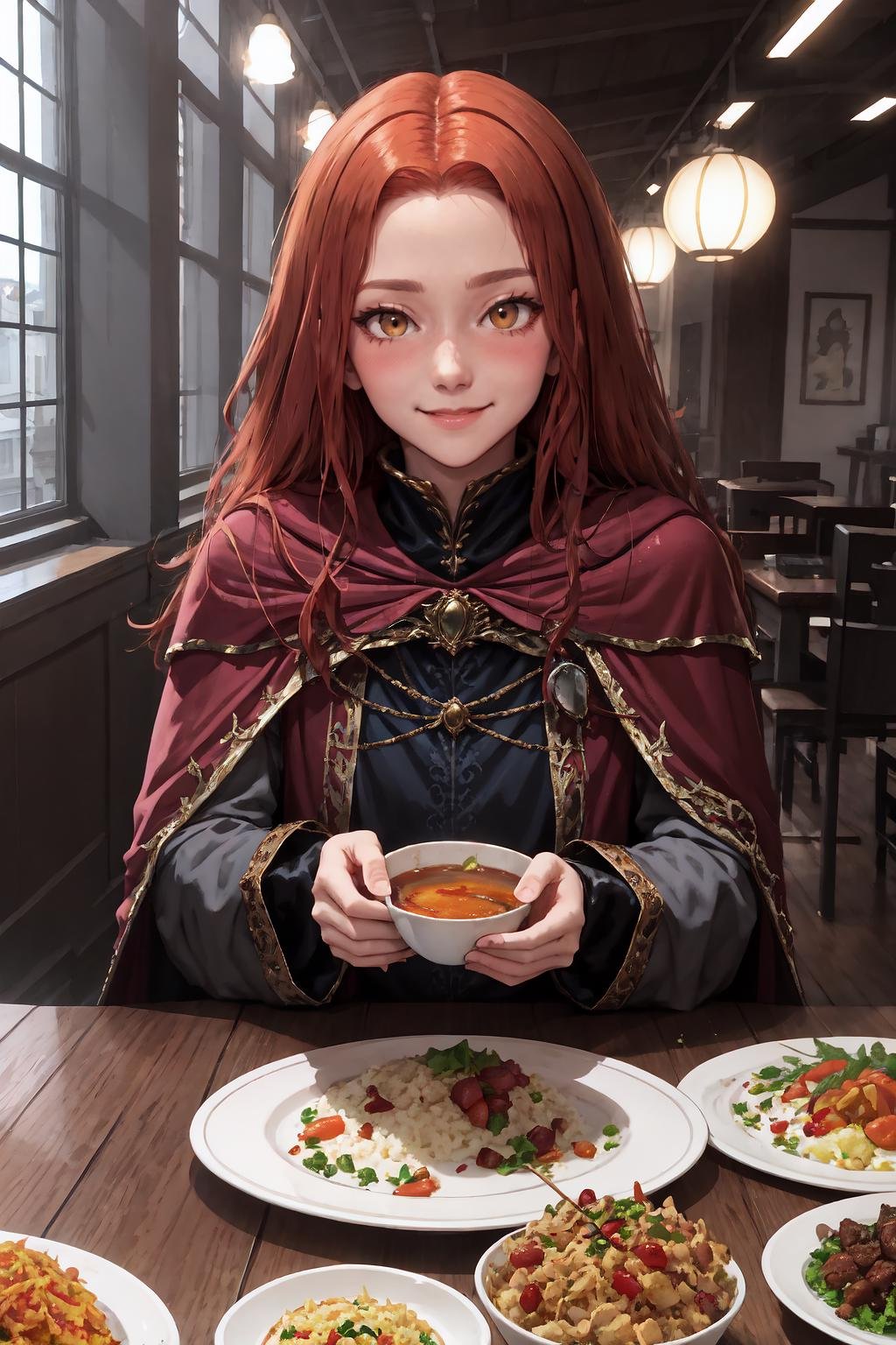IncrsLunarPrincessRanni, <lora:LunarPrincessRanni:1>, dress, long sleeves, cape, food, simple background, elbows on table, cup, blurry background, indoors, upper body, <lora:Pos_AcrossTable:1>, looking at viewer, blush, light smile, 