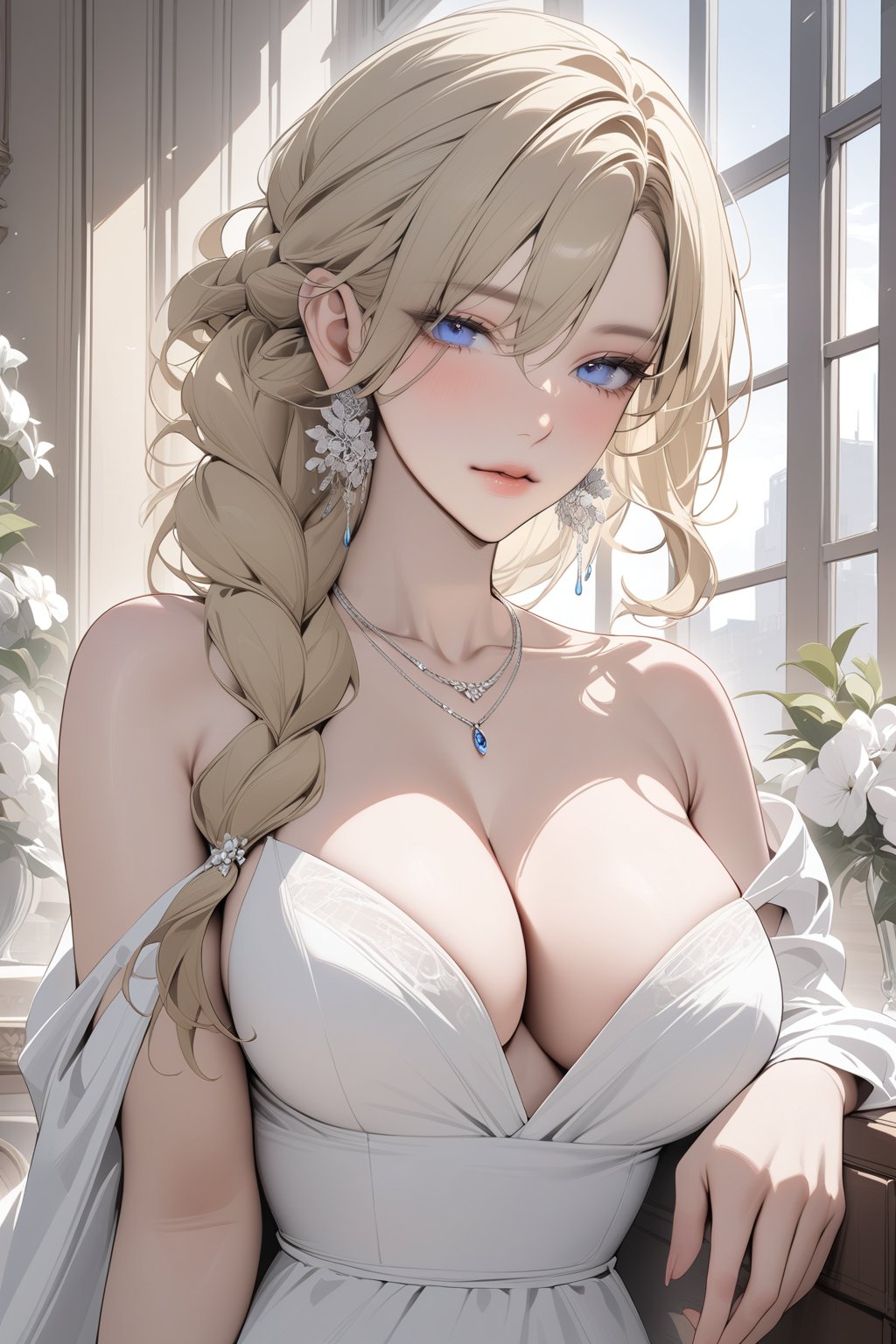 ((masterpiece, best quality, newest)), 1girl, solo, long hair, breasts, looking at viewer, blue eyes, blonde hair, large breasts, dress, cleavage, bare shoulders, jewelry, closed mouth, collarbone, upper body, braid, flower, earrings, indoors, necklace, off shoulder, white dress, mole, lips, window, single braid, hair over shoulder, niji5,niji5