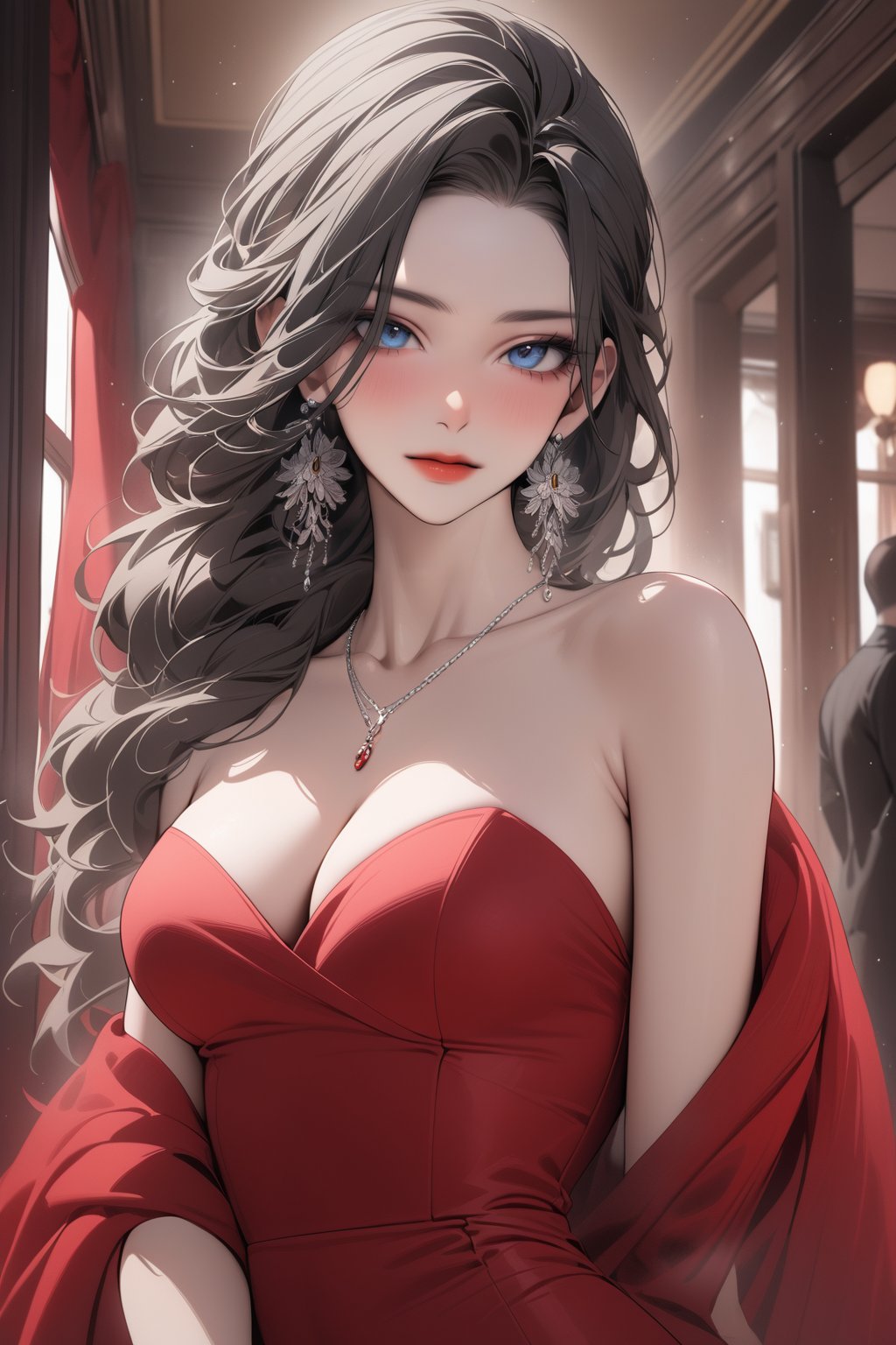 ((masterpiece, best quality, newest)),  1girl, long hair, looking at viewer, blue eyes, black hair, cleavage, bare shoulders, jewelry, medium breasts, closed mouth, collarbone, upper body, earrings, solo focus, indoors, necklace, single braid, makeup, depth of field, red dress, strapless dress, hair over shoulder, light particles, shawl, red lips, niji5