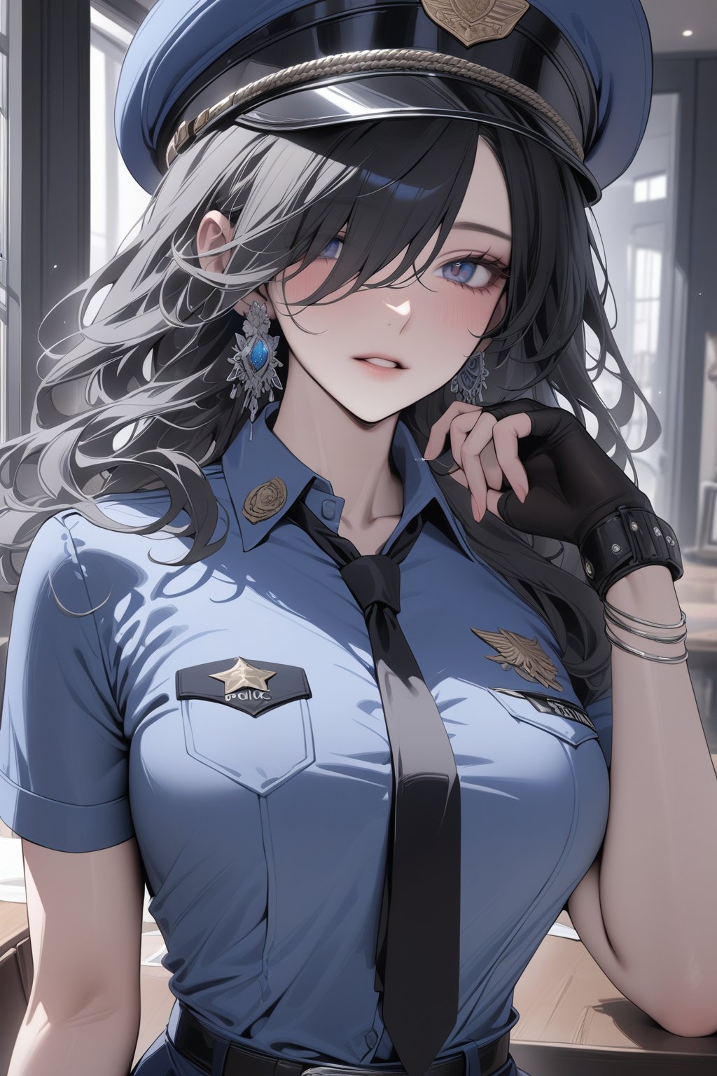 ((masterpiece, best quality, newest)),  1girl, solo, long hair, looking at viewer, bangs, shirt, black hair, jewelry, upper body, short sleeves, earrings, parted lips, black gloves, collared shirt, belt, indoors, fingerless gloves, hair over one eye, bracelet, grey eyes, wavy hair, blue shirt, black necktie, black belt, police uniform, police hat, niji5