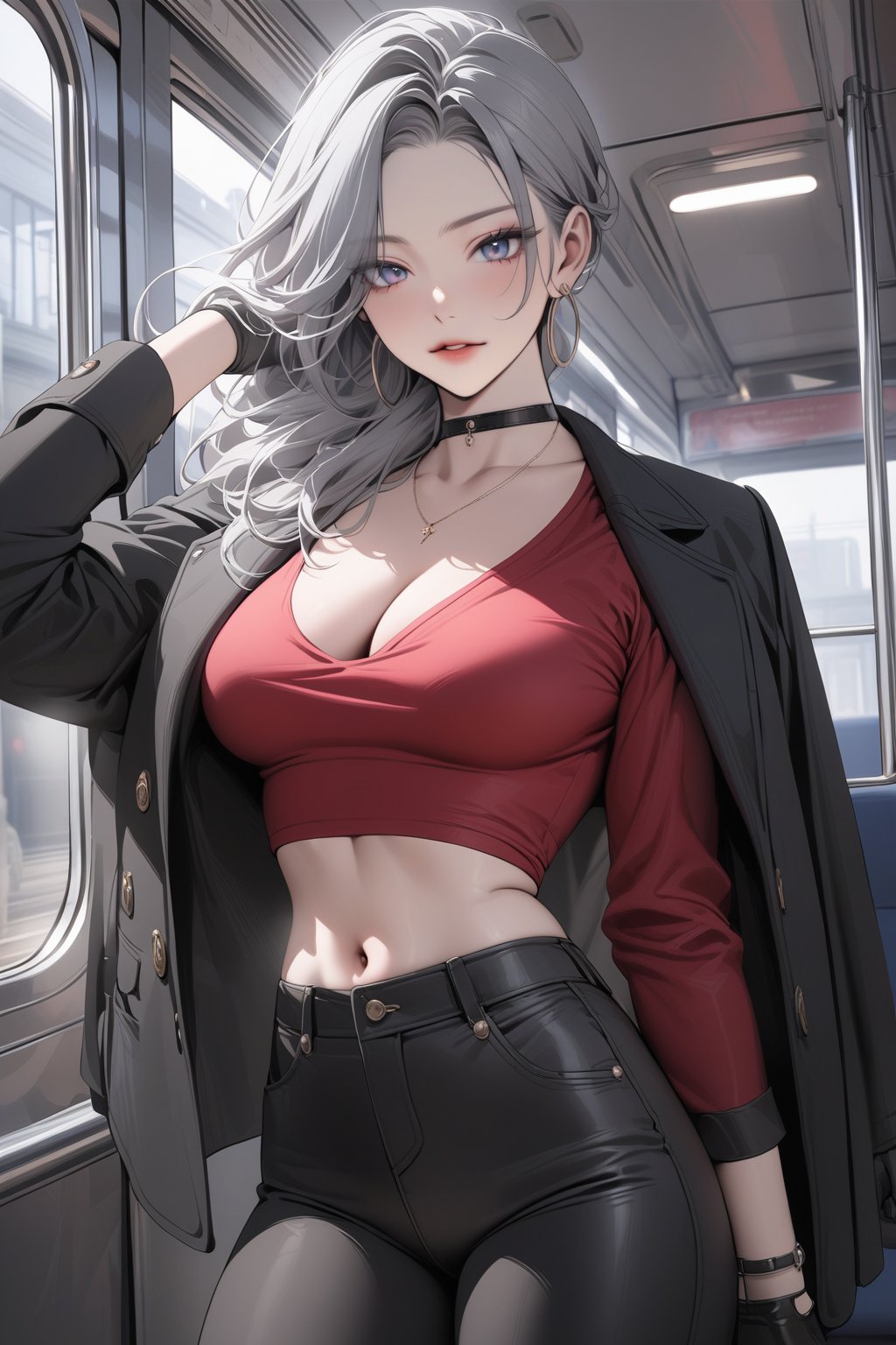 ((masterpiece, best quality, newest)),  1girl, solo, long hair, breasts, looking at viewer, shirt, gloves, long sleeves, navel, cleavage, jewelry, medium breasts, standing, jacket, ponytail, grey hair, cowboy shot, earrings, parted lips, open clothes, choker, midriff, pants, indoors, necklace, arm up, open jacket, lips, black jacket, crop top, grey eyes, black choker, black pants, red shirt, hoop earrings, jacket on shoulders, red lips, train interior, niji5