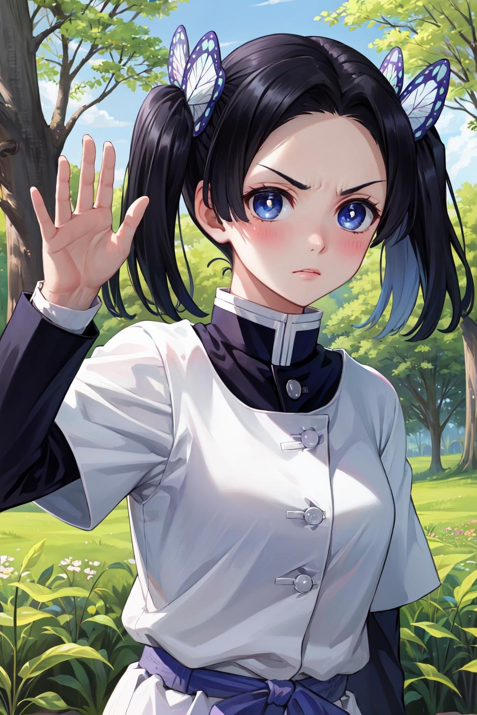 masterpiece, best quality, highres,AoiDef, 1girl, solo, breasts, blush, short hair, bangs, blue eyes, black hair, hair ornament, twintails, v-shaped eyebrows, parted bangs, frown, bright pupils, white pupils, butterfly hair ornament, kanzaki aoi \(kimetsu no yaiba\), long sleeves, dress, white dress, jacket, short sleeves, white dress, layered sleeves, short over long sleeves, purple pants, demon slayer uniform, kimetsu no yaiba,upper body, waving, waving arms, outdoors, forest, field, night, night sky, darkness, starry sky, <lora:LoRA_Aoi:1>