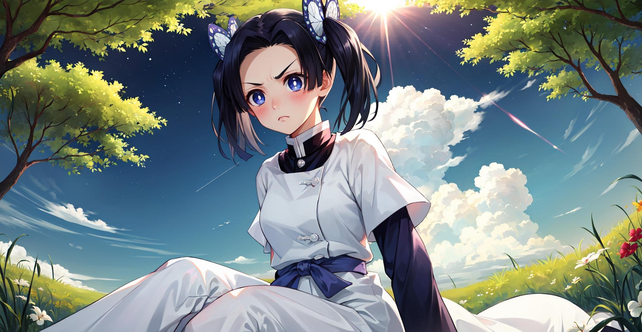 masterpiece, best quality, highres,AoiDef, 1girl, solo, breasts, blush, short hair, bangs, blue eyes, black hair, hair ornament, twintails, v-shaped eyebrows, parted bangs, frown, bright pupils, white pupils, butterfly hair ornament, kanzaki aoi \(kimetsu no yaiba\),long sleeves, dress, white dress, jacket, short sleeves, white dress, layered sleeves, short over long sleeves, purple pants, demon slayer uniform, kimetsu no yaiba,sitting, leaning back, arms behind back, outdoors, forest, field, night, night sky, starry sky, horizon, sunset, <lora:LoRA_Aoi:1>