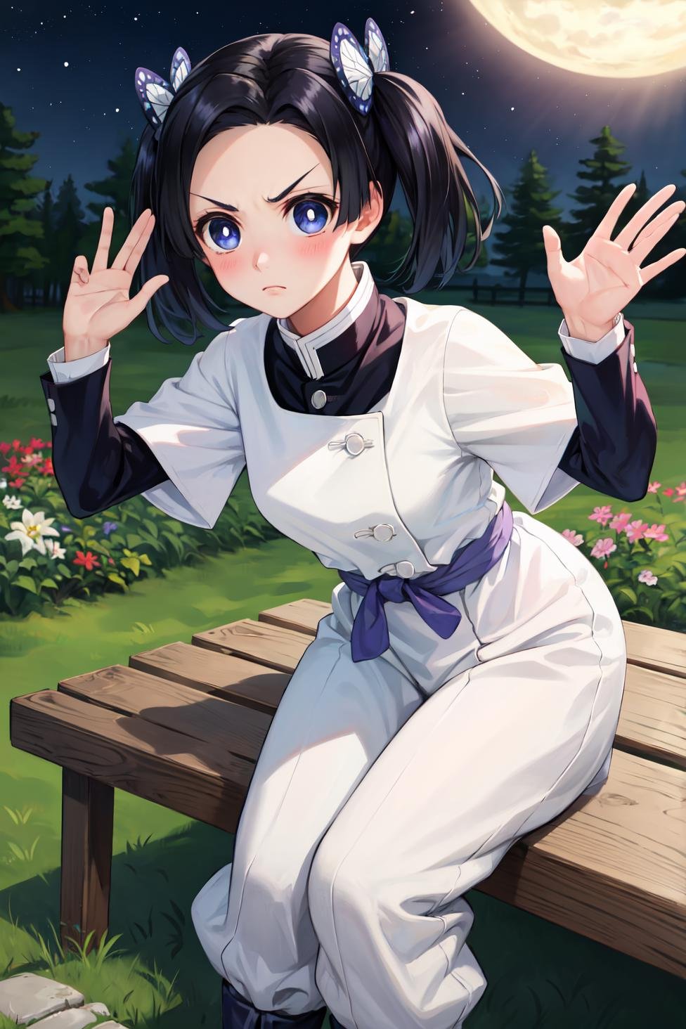 masterpiece, best quality, highres,AoiDef, 1girl, solo, breasts, blush, short hair, bangs, blue eyes, black hair, hair ornament, twintails, v-shaped eyebrows, parted bangs, frown, bright pupils, white pupils, butterfly hair ornament, kanzaki aoi \(kimetsu no yaiba\), long sleeves, dress, white dress, jacket, short sleeves, white dress, layered sleeves, short over long sleeves, purple pants, demon slayer uniform, kimetsu no yaiba,sitting, leaning forward, waving, waving arms, outdoors, forest, field, night, night sky, darkness, starry sky, <lora:LoRA_Aoi:1>