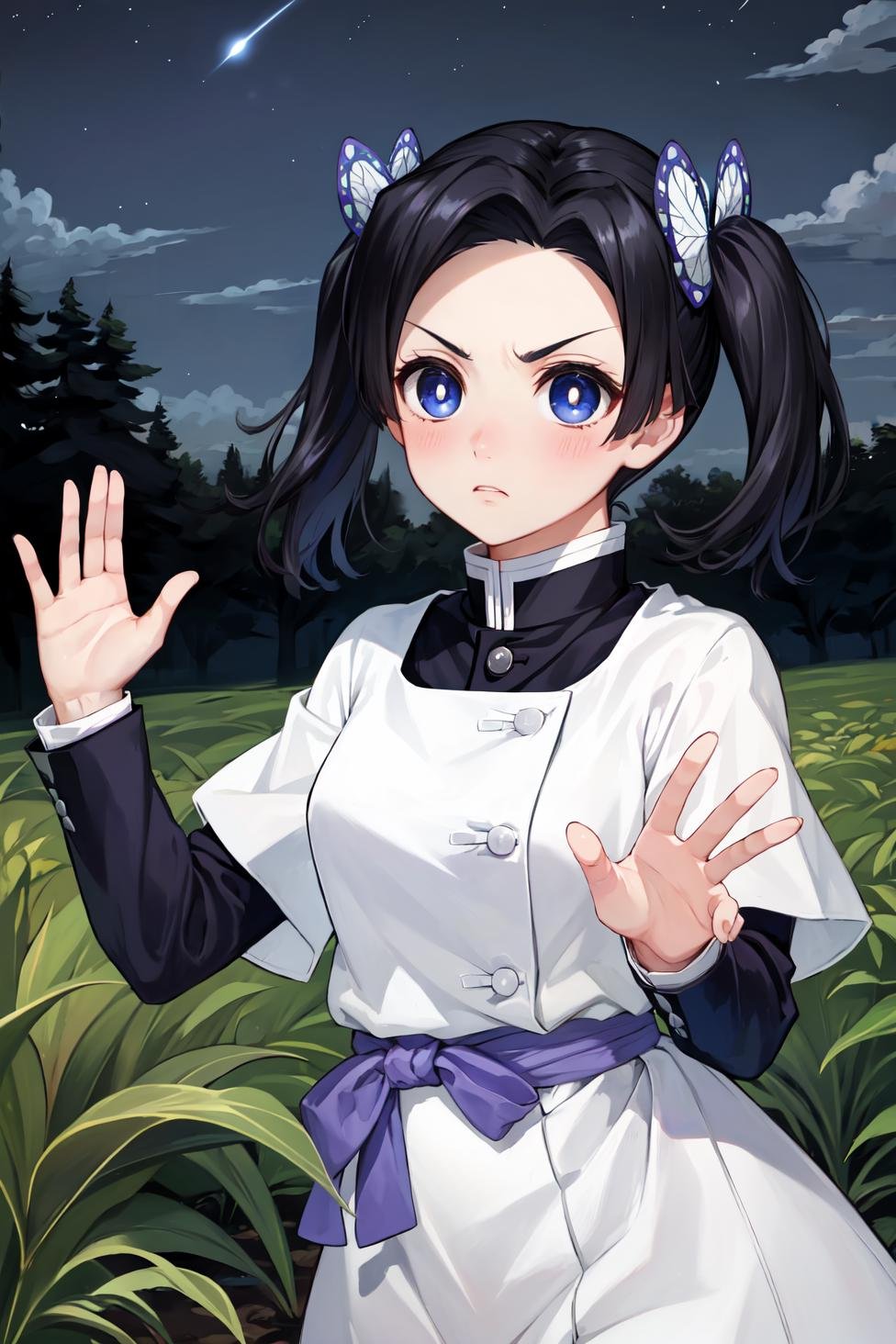 masterpiece, best quality, highres,AoiDef, 1girl, solo, breasts, blush, short hair, bangs, blue eyes, black hair, hair ornament, twintails, v-shaped eyebrows, parted bangs, frown, bright pupils, white pupils, butterfly hair ornament, kanzaki aoi \(kimetsu no yaiba\),long sleeves, dress, white dress, jacket, short sleeves, white dress, layered sleeves, short over long sleeves, purple pants, demon slayer uniform, kimetsu no yaiba,cowboy shot, waving, waving arms, outdoors, forest, field, night, night sky, darkness, starry sky, <lora:LoRA_Aoi:1>