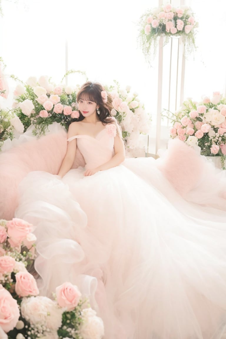 1girl, solo, long hair, brown hair, black hair, dress, flower, white dress, rose, white flower, pink flower, pink rose