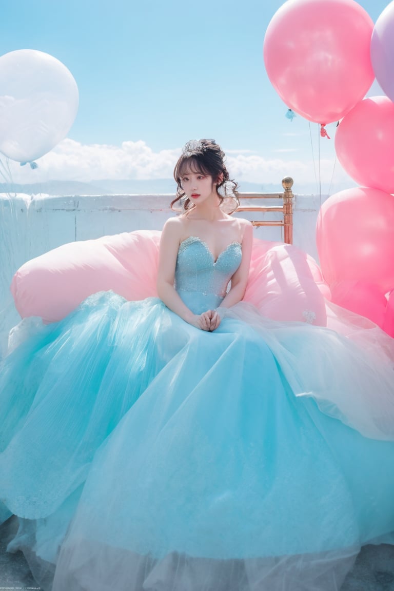 (dramatic, gritty, intense:1.4),masterpiece, best quality, 8k, insane details, intricate details, hyperdetailed, hyper quality, high detail, ultra detailed, Masterpiece, light and shade contrast,,full-body image, A beautiful maiden, in a fairy dress, sat on a pale blue ball against a background of three transparent pink balloons, Hair rings, blue sky and white clouds,light pinkand black, kenro izu