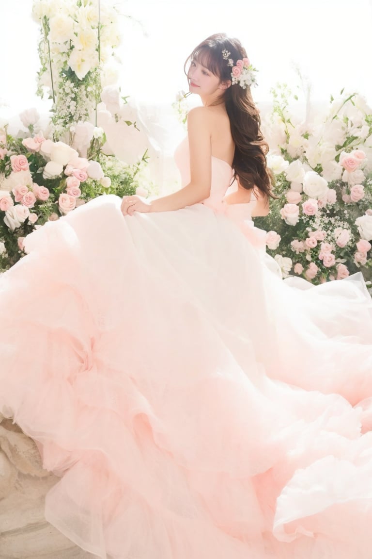 1girl, solo, long hair, brown hair, black hair, dress, flower, white dress, rose, white flower, pink flower, pink rose