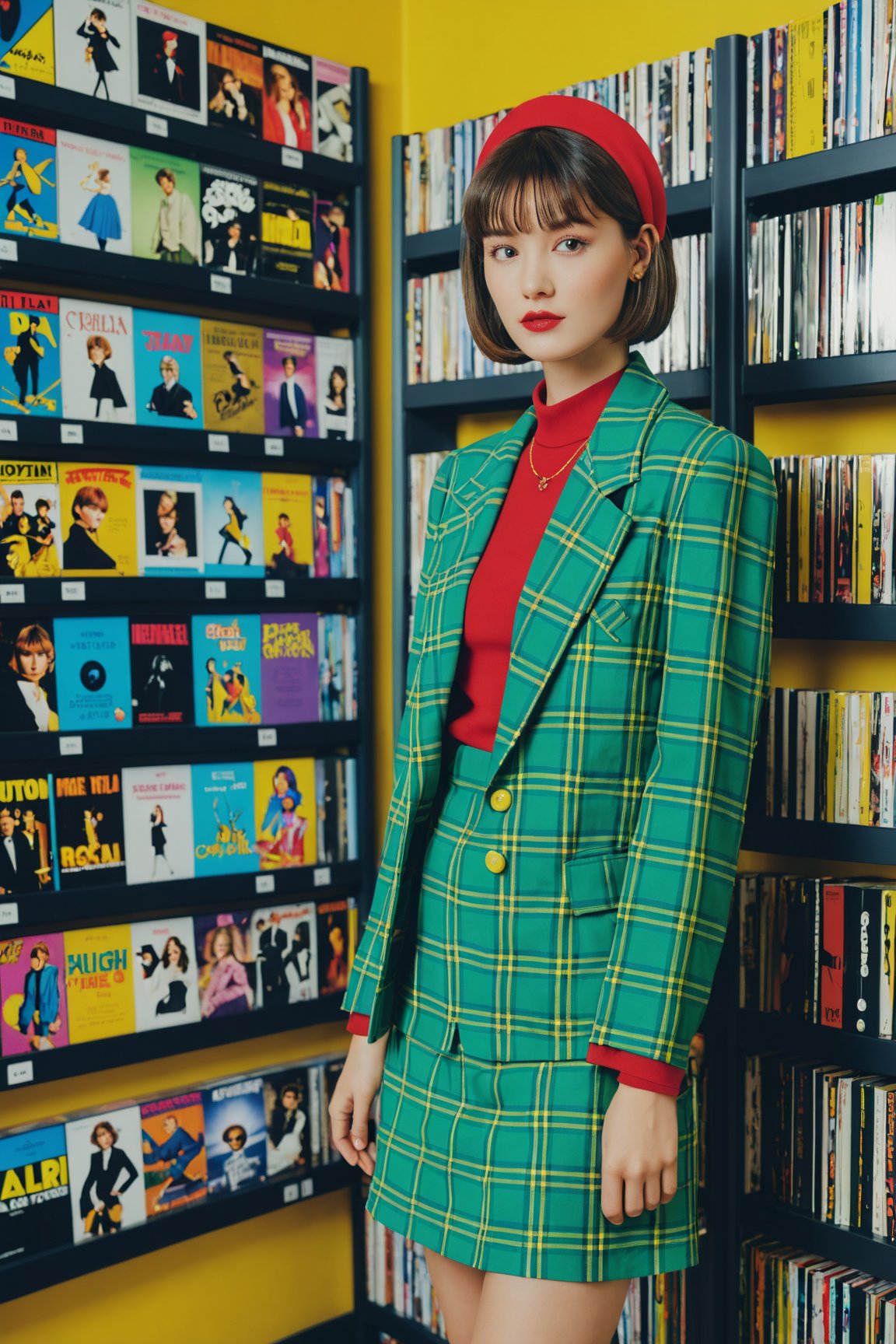 woman with 1990s style chin-length bob haircut with straight bangs and a thick headband,  wearing 90s fashion: button-up shirt,  matching plaid blazer and mini skirt coord set,  cotton knee-high socks,  loafers,  90s video rental retail store,  shelves of VHS tapes and DVDs,  small tv in the corner,  movie posters on the wall,  || masterpiece,  8k,  high resolution,  shallow depth of field,  sharp focus,  highly detailed