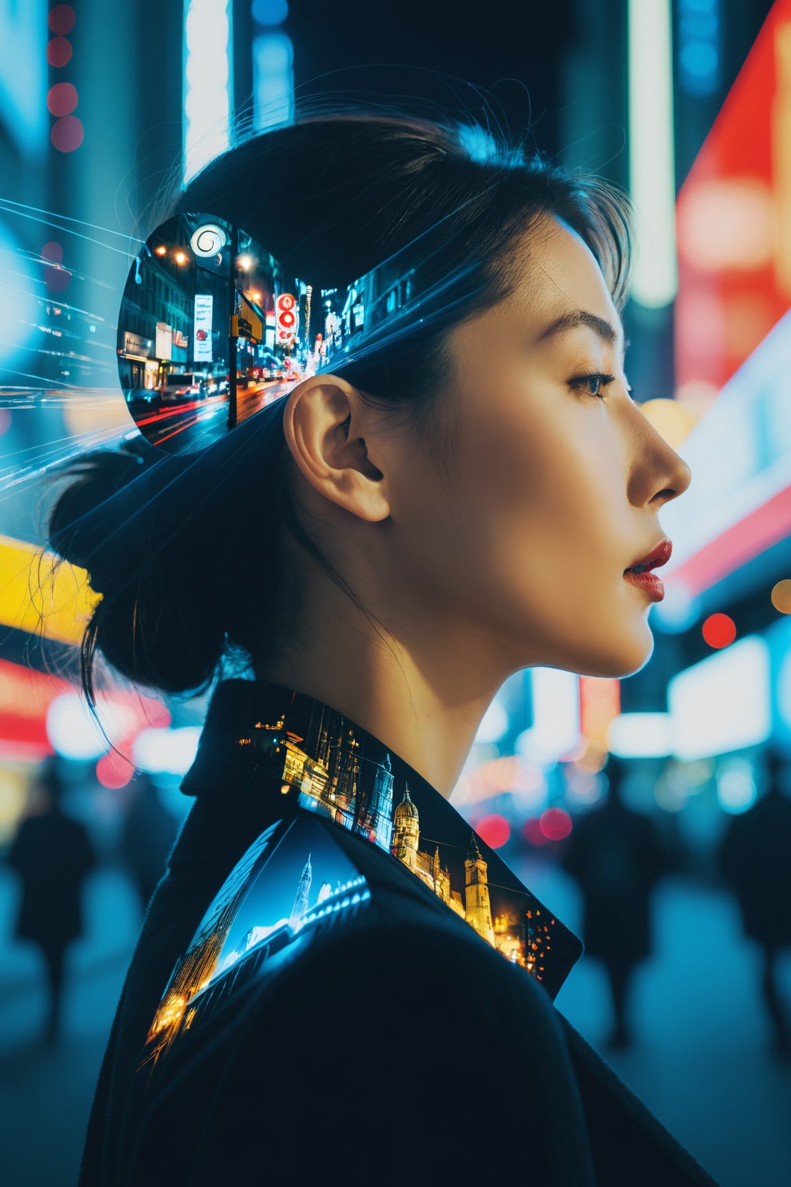 A surreal scene where a woman's profile is superimposed under the city's lights,  capturing the essence of urban life through multiple exposures