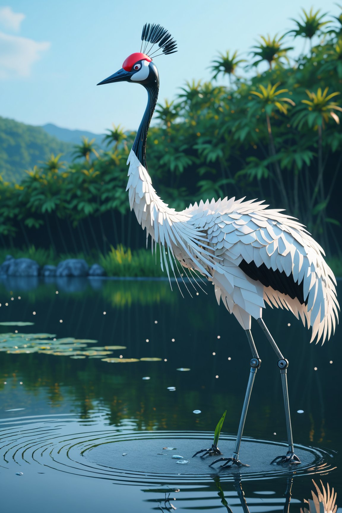 A glowing mechanical robotic robot red-crowned crane standing in the lake,  special effects,  cinematic scenes,  cinematic shots,  cinematic lighting,  volumetric lighting,  ultra-detailed,  highly detailed,  hyper-detailed,  realistic,  ultra-realistic,  hyperrealistic,  HD,  IMAX,  8K resolutions,  ultra resolutions,  sharp focus,  magnificent,  best quality,  masterpiece