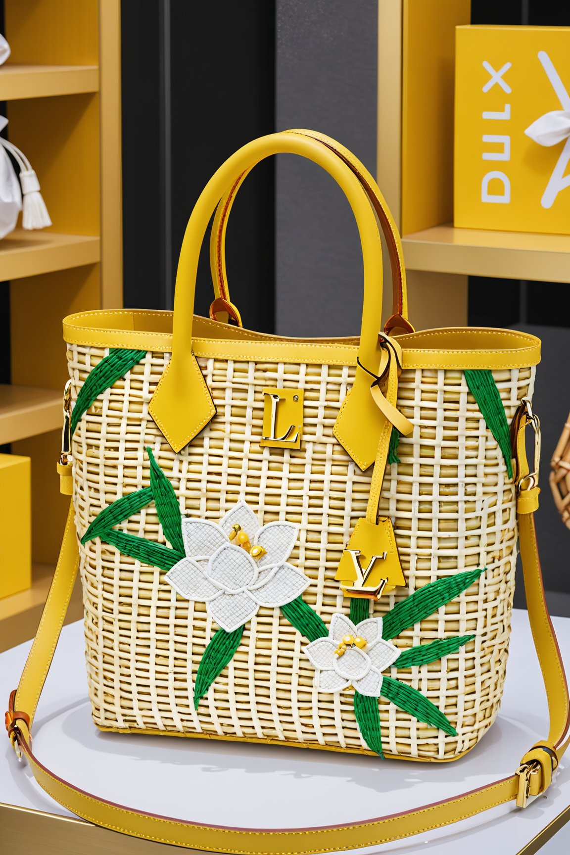 Beauty shopping mall view, yellow system,  background pigment splash effect,  main body is women's bag, woven with Chinese intangible cultural heritage bamboo weaving techniques,  is a luxury LV design that presents the natural color of bamboo,  The bag accessories are LV specific accessories,  White Flower