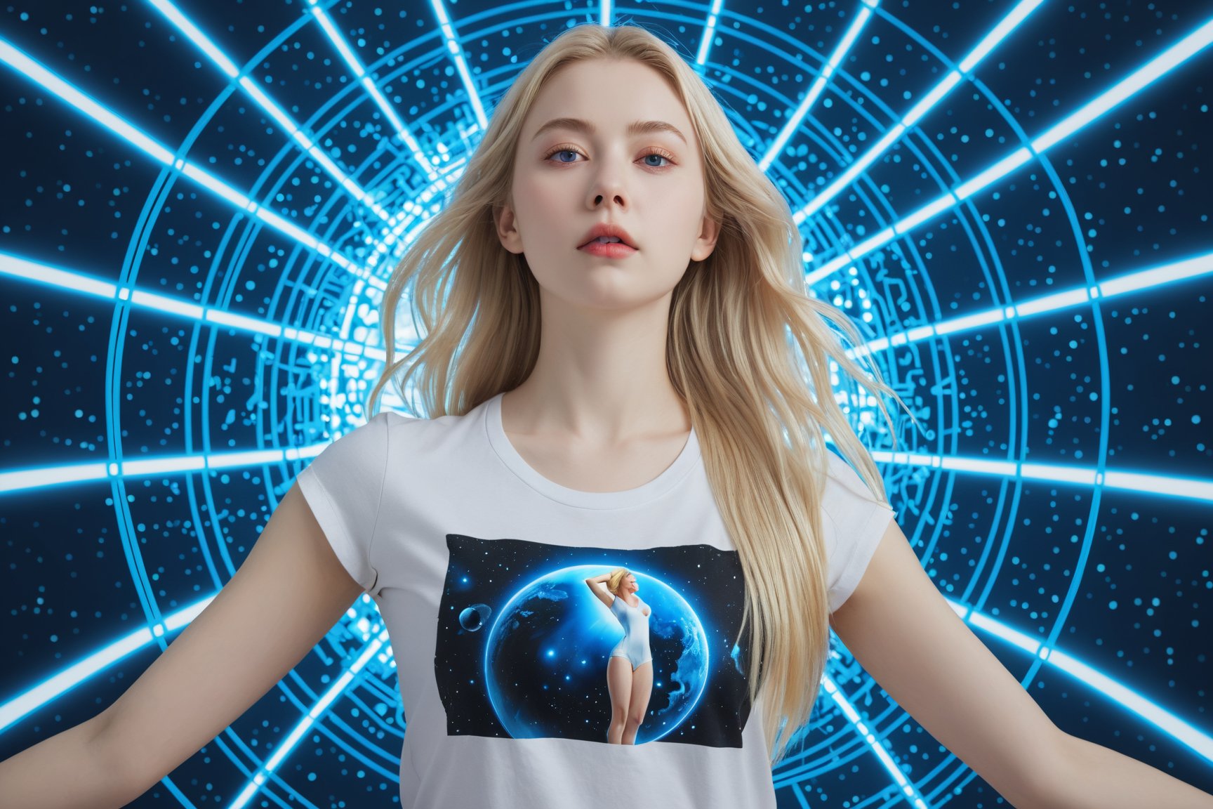 masterpiece, best quality, cinematic photo, anatomically correct, digital artwork illustration , innocent 20yo woman, pale skin, polish, pronounced feminine features, (stretching), t-shirt, straight blonde hair, large breasts, (cosmic background), dark illustration style, (8k, dynamic composition, photorealistic, sharp focus), elaborate background, cinematic, rule of thirds, backlight, film grain, intricate details, fine details,
