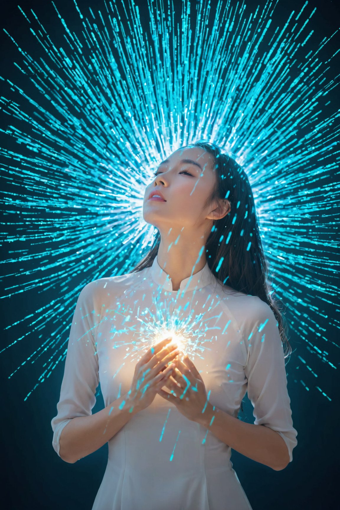 Woman glowing in fine light particles,  brilliant sparks and showers,  ethereal,  luminous,  dynamic composition,  rich textures,  blue,  turquoise,  bright white,  centered,  subject in the center, aodaixl,<lora:EMS-265525-EMS:0.700000>