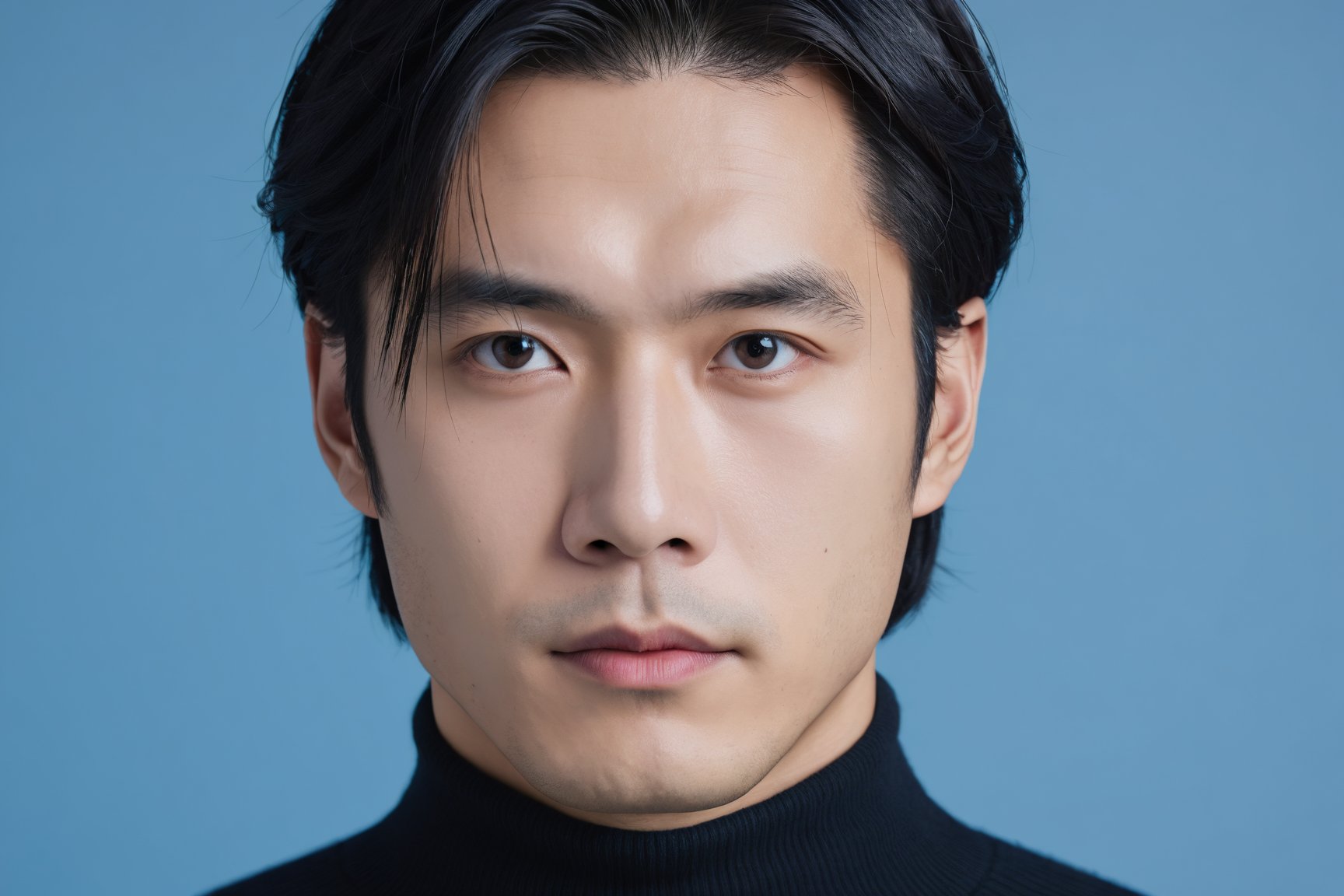 Vietnamese man, close-up portrait, direct gaze, dark hair, black turtleneck, shadow on face, neutral expression, studio lighting, blue background, high-resolution image, minimalistic, young adult, clean-shaven, headshot, symmetrical composition, serious mood, professional photography, dark color palette