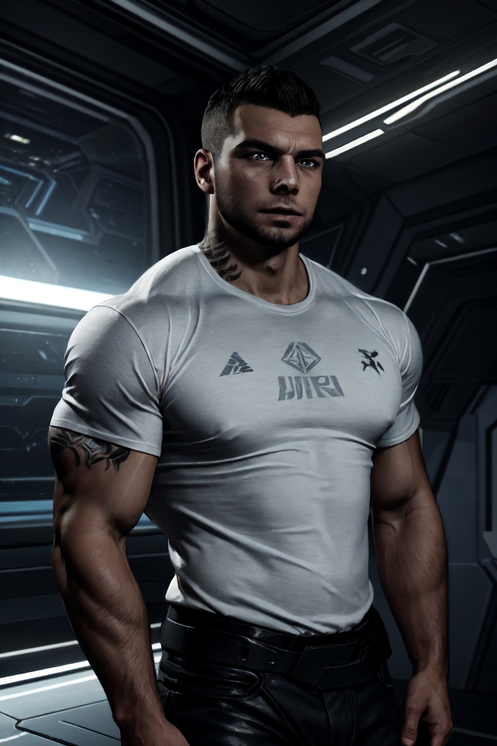 James Vega, solo, extreme short mohawk hair, black hair, brown eyes, tan skin, facial hair, 1boy, tatoo, (fit pure white-grey undershirt:1.2), muscular, bulky, shiny skin, handsome, charming, alluring, intense gaze, standing, (upper body in frame), Mass Effect location, futuristic, space ship, dark atmosphere, cinematic light, perfect anatomy, perfect proportions, perfect perspective, 8k, HQ, HD, UHD, (best quality:1.2, hyperrealistic:1.2, photorealistic:1.2, madly detailed CG unity 8k wallpaper:1.2, masterpiece:1.2, madly detailed photo:1.2), (hyper-realistic lifelike texture:1.2, realistic eyes:1.2), picture-perfect face, perfect eye pupil, detailed eyes, front view,best quality