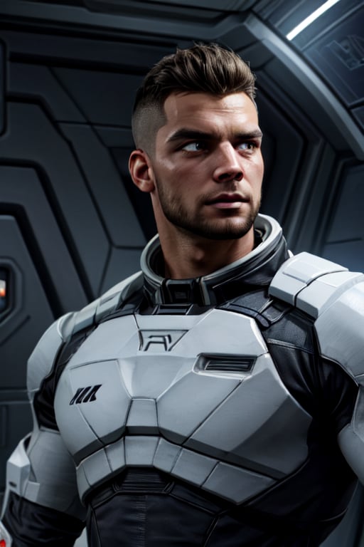 James Vega, solo, extreme short mohawk hair, black hair, brown eyes, tan skin, facial hair, 1boy, tatoo, (undershirt), muscular, bulky, shiny skin, handsome, charming, alluring, intense gaze, standing, (upper body in frame), Mass Effect location, futuristic, space ship, dark atmosphere, cinematic light, perfect anatomy, perfect proportions, perfect perspective, 8k, HQ, HD, UHD, (best quality:1.2, hyperrealistic:1.2, photorealistic:1.2, madly detailed CG unity 8k wallpaper:1.2, masterpiece:1.2, madly detailed photo:1.2), (hyper-realistic lifelike texture:1.2, realistic eyes:1.2), picture-perfect face, perfect eye pupil, detailed eyes, front view