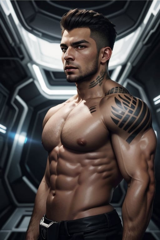 James Vega, solo, short hair, black hair, brown eyes, tan skin, facial hair, 1boy, tatoo, (topless, shirtless), muscular, bulky, shiny skin, handsome, charming, alluring, intense gaze, standing, (upper body in frame), Mass Effect location, futuristic, space ship, dark atmosphere, cinematic light, perfect anatomy, perfect proportions, perfect perspective, 8k, HQ, HD, UHD, (best quality:1.2, hyperrealistic:1.2, photorealistic:1.2, madly detailed CG unity 8k wallpaper:1.2, masterpiece:1.2, madly detailed photo:1.2), (hyper-realistic lifelike texture:1.2, realistic eyes:1.2), picture-perfect face, perfect eye pupil, detailed eyes, front view