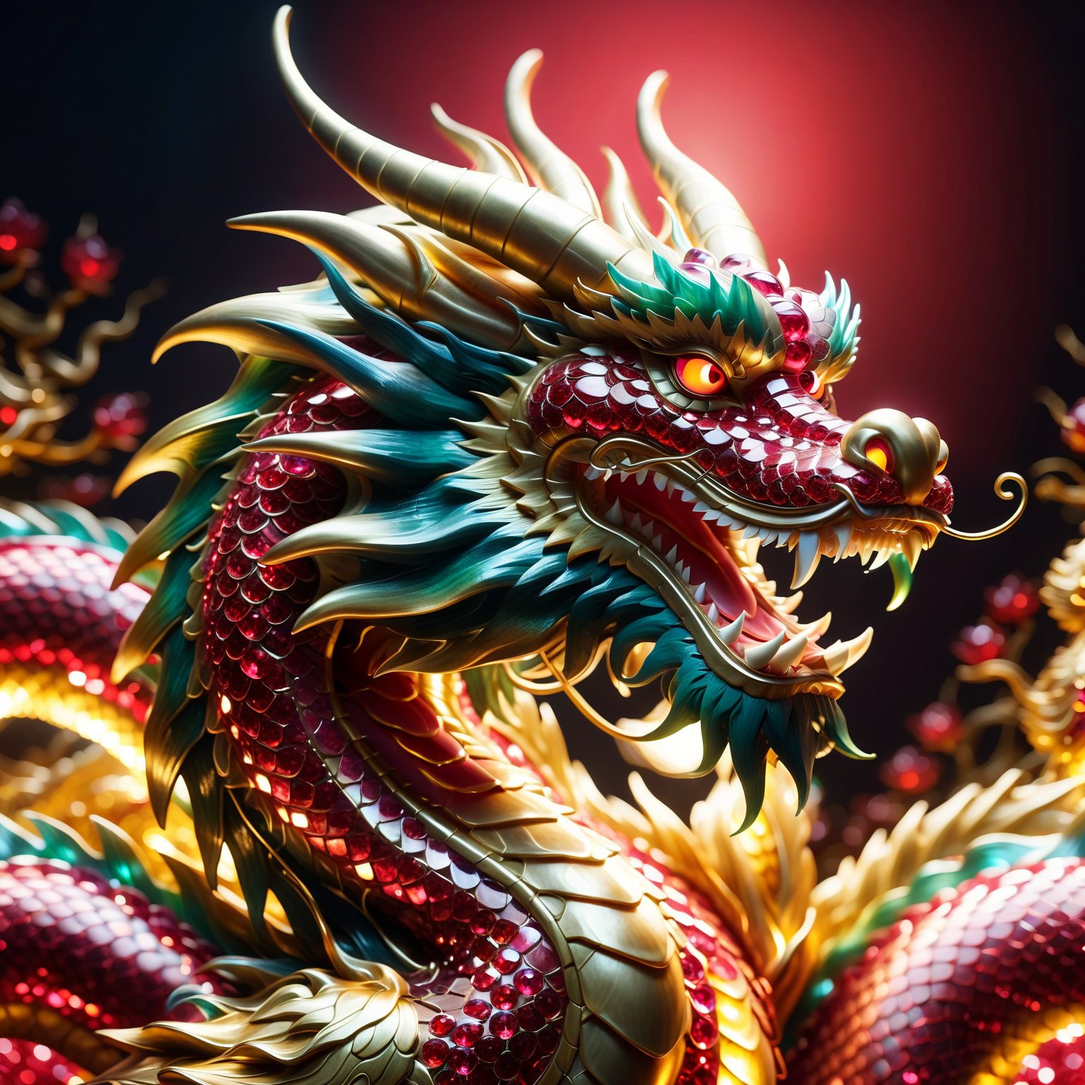 Chinese dragon made entirely of rubies, shimmering and glowing, intricate ruby texture, majestic and elegant, radiant red hues, sparkling with light, by FuturEvoLab, (masterpiece: 2), best quality, ultra highres, original, extremely detailed, perfect lighting, fantasy theme, regal aura