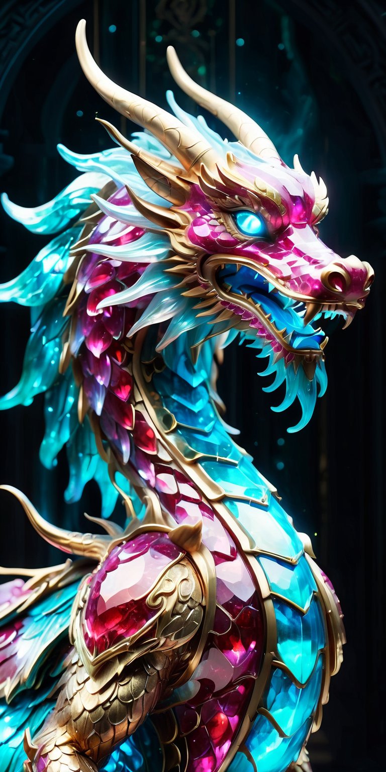 Chinese dragon made entirely of rubies, shimmering and glowing, intricate ruby texture, majestic and elegant, radiant red hues, sparkling with light, by FuturEvoLab, (masterpiece: 2), best quality, ultra highres, original, extremely detailed, perfect lighting, fantasy theme, regal aura,Butterfly Style