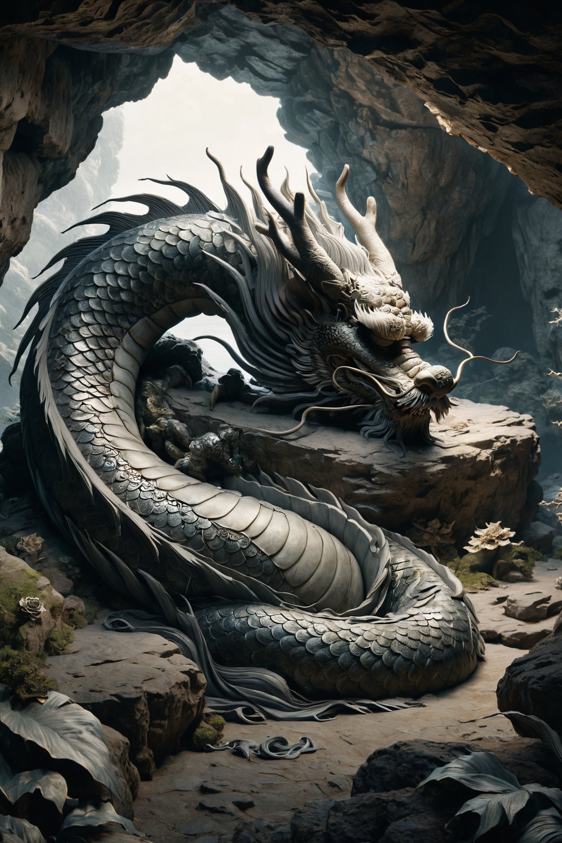 Chinese dragon sleeping in a deep ancient cave, head bowed, dignified and introspective, subdued yet detailed, humble posture with profound symbolism, in a serene and mystical mountain setting, representing repentance and solemn introspection, embodying wisdom and humility, textured scales, serene and thoughtful expression, by FuturEvoLab, (Masterpiece, Best Quality, 8k:1.2), (Ultra-Detailed, Highres, Extremely Detailed, Absurdres, Incredibly Absurdres, Huge Filesize:1.1), deep mountain cave, ancient and mystical ambiance