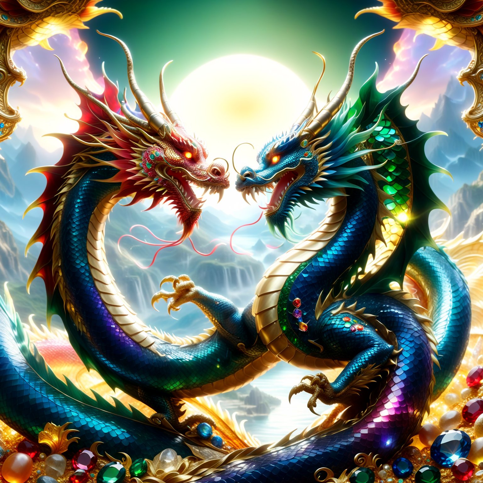dragon intricately adorned with various gemstones, jewels embedded along its body, scales sparkling with emeralds, rubies, sapphires, diamonds, intricate gem patterns, majestic appearance, rich colors, shining under light, fantasy, treasure-like dragon, detailed craftsmanship, vibrant, luxurious, magical aura, (masterpiece: 2), best quality, ultra highres, original, extremely detailed, perfect lighting