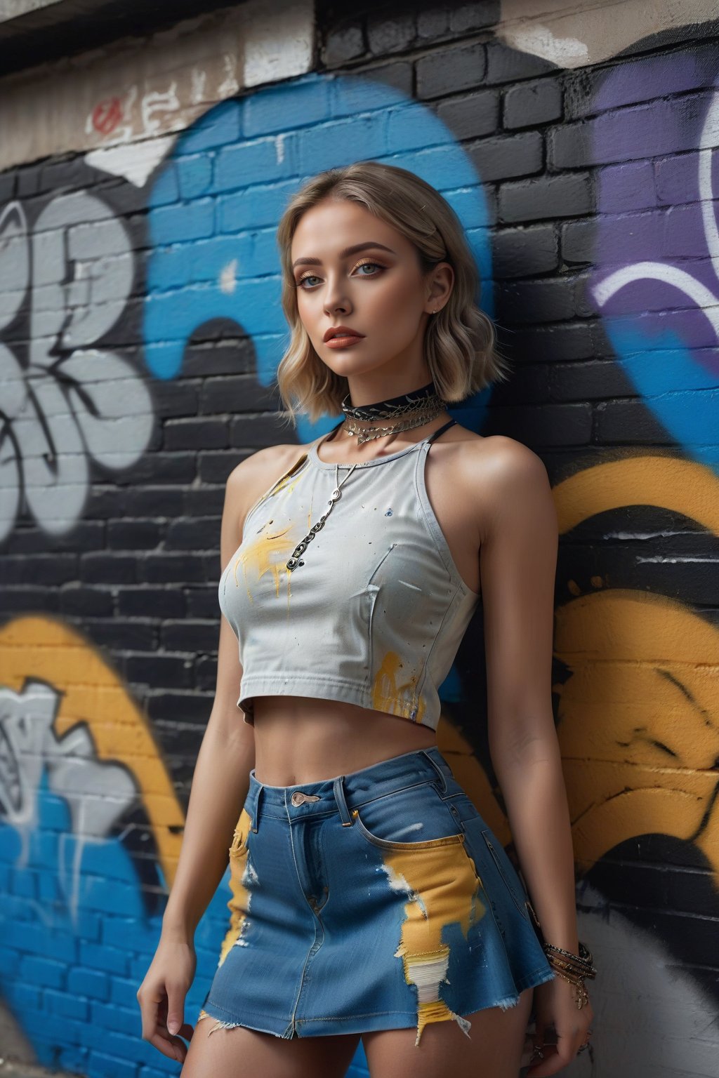 hyper realistic, Masterpiece, Best Quality, ((Lauren Gray, The face of Olivia Dunn)) 1girl, solo, crop-top, Cut clothes,yellow_denim ((tight miniskirt)), Choker, (graffiti:1.5), paint splatter, Hands Behind Your Back, Against a wall, looking a viewer, A bracelet, thigh strap, Paint on the body, tilt of head, blonde hair, Gray-blue eyes of the iris, 8K resolution, intricate clothes, intricate details