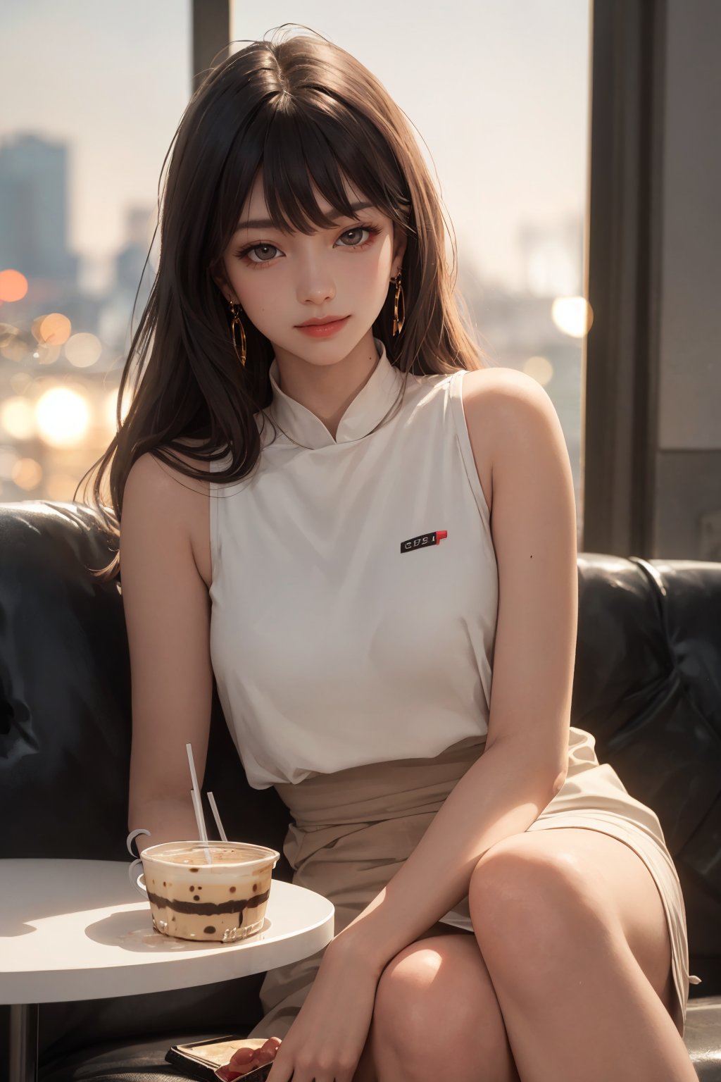 realistic, (masterpiece, best quality:1.2), beautiful and aesthetic, hires, bokeh, depth of field, HDR, godray, golden hour, (dusk),
1girl, sitting in a cafe, boba milk tea, smiling,
Long hairs, glossy coral lips, brunette, brown eyes,