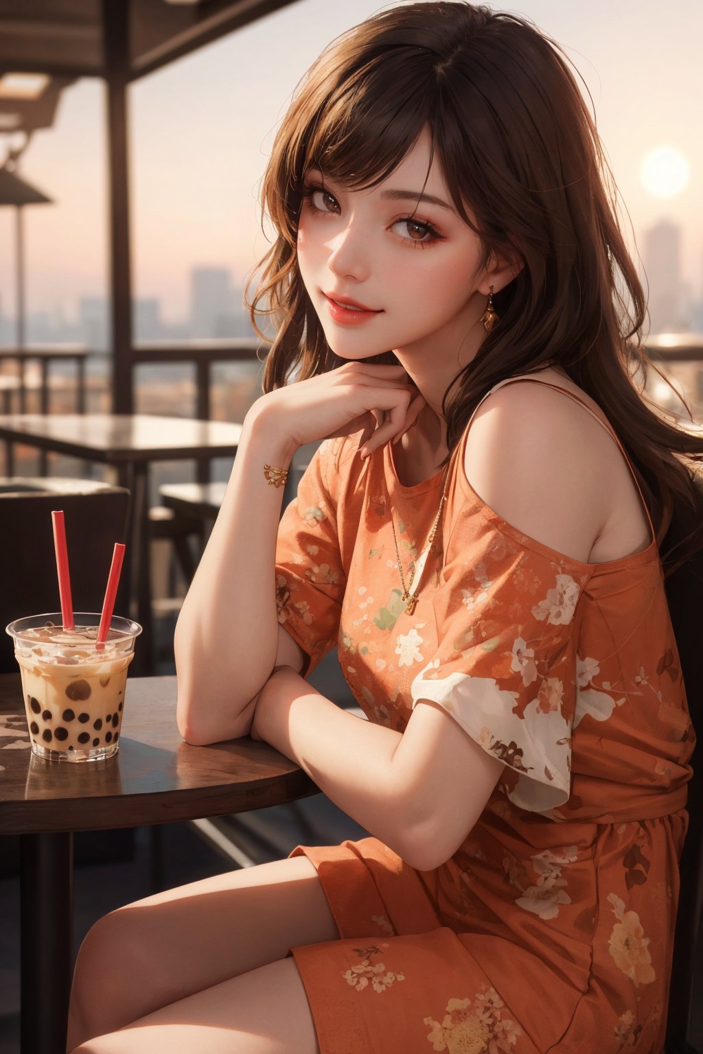 realistic, (masterpiece, best quality:1.2), beautiful and aesthetic, hires, bokeh, depth of field, HDR, godray, golden hour, (dusk),
1girl, sitting in a cafe, boba milk tea, smiling,
Long hairs, glossy coral lips, brunette, brown eyes,