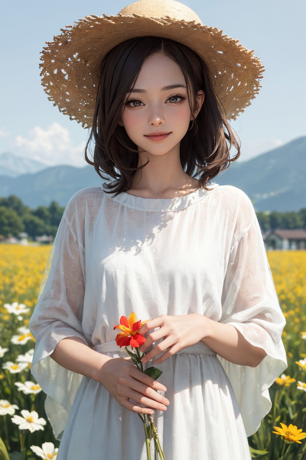 realistic, (masterpiece, best quality:1.2), beautiful and aesthetic, hires, bokeh, depth of field, HDR, godray,
1girl, flower field, Fuji mount, white dress, straw hat, cute smile, (brunette, brown eyes, medium hairs),