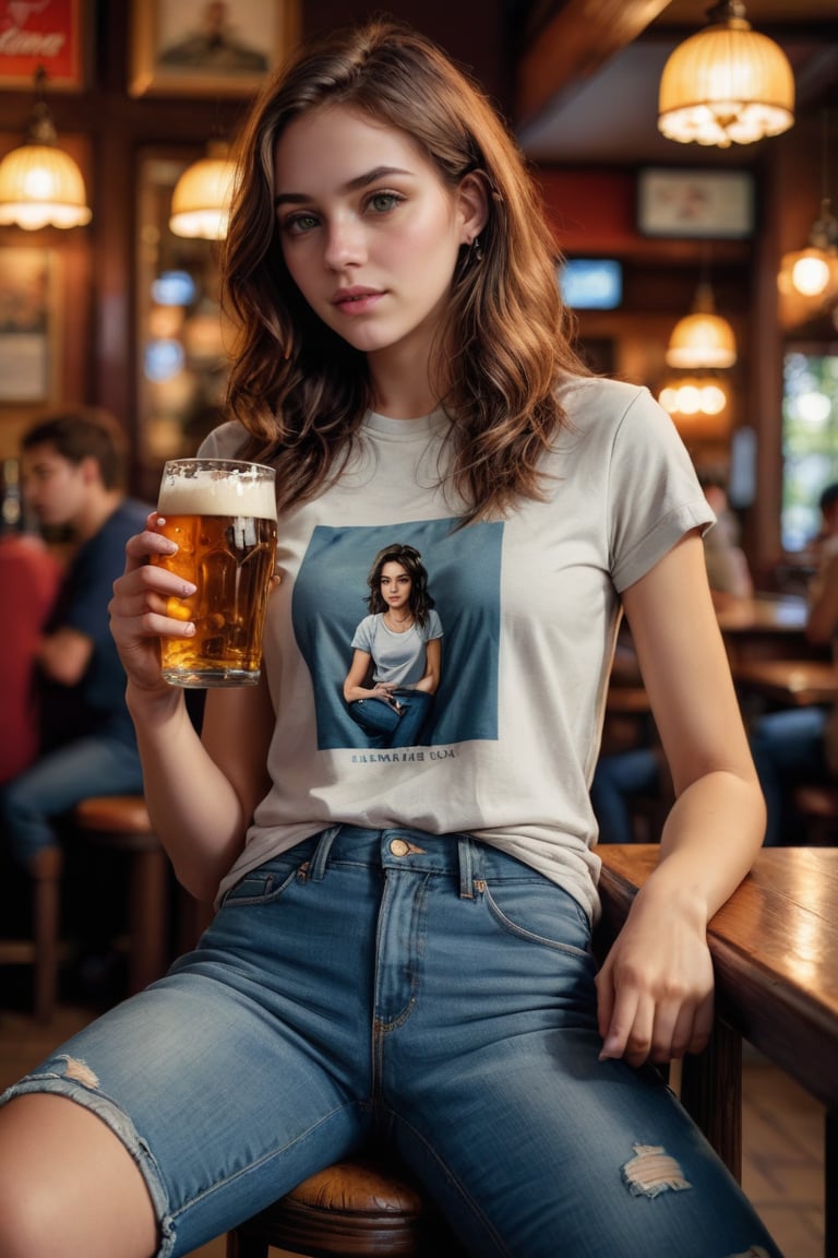 Full-length photograph, distant view, wide focus, 1Girl 25yo, sitting in a pub, dressed in a T-shirt and jeans, tired, holding a glass of beer, masterpiece, maximum reality, detailed textures, high-quality shadows,cinematic_warm_color