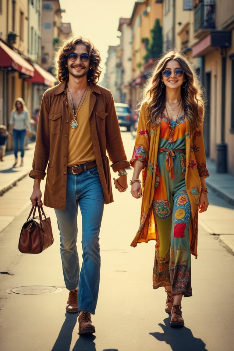 Full-length photograph, view from afar, wide focus, 1Girl and 1Guy, walking down the street, dressed in 70s style, hippies, with glasses, joyful and happy atmosphere, masterpiece, maximum reality, detailed textures, high-quality shadows,,cinematic_warm_color