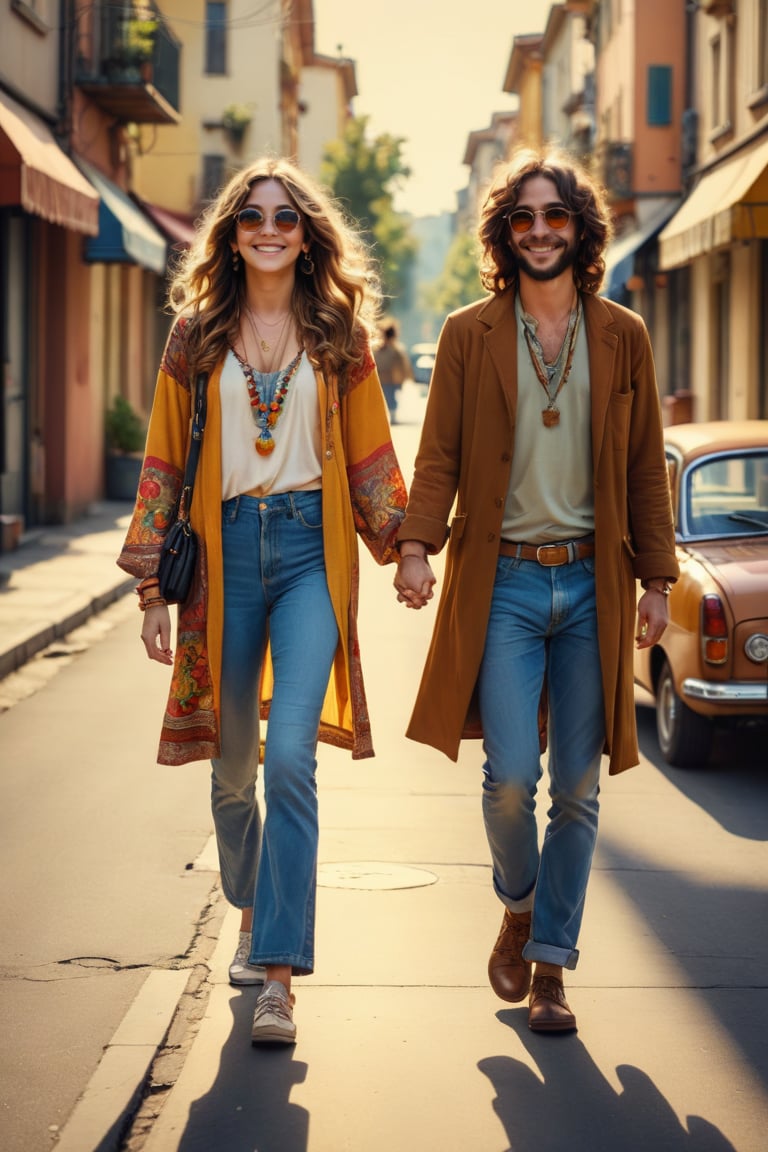 Full-length photograph, view from afar, wide focus, 1Girl and 1Guy, walking down the street, dressed in 70s style, hippies, with glasses, joyful and happy atmosphere, masterpiece, maximum reality, detailed textures, high-quality shadows,,cinematic_warm_color