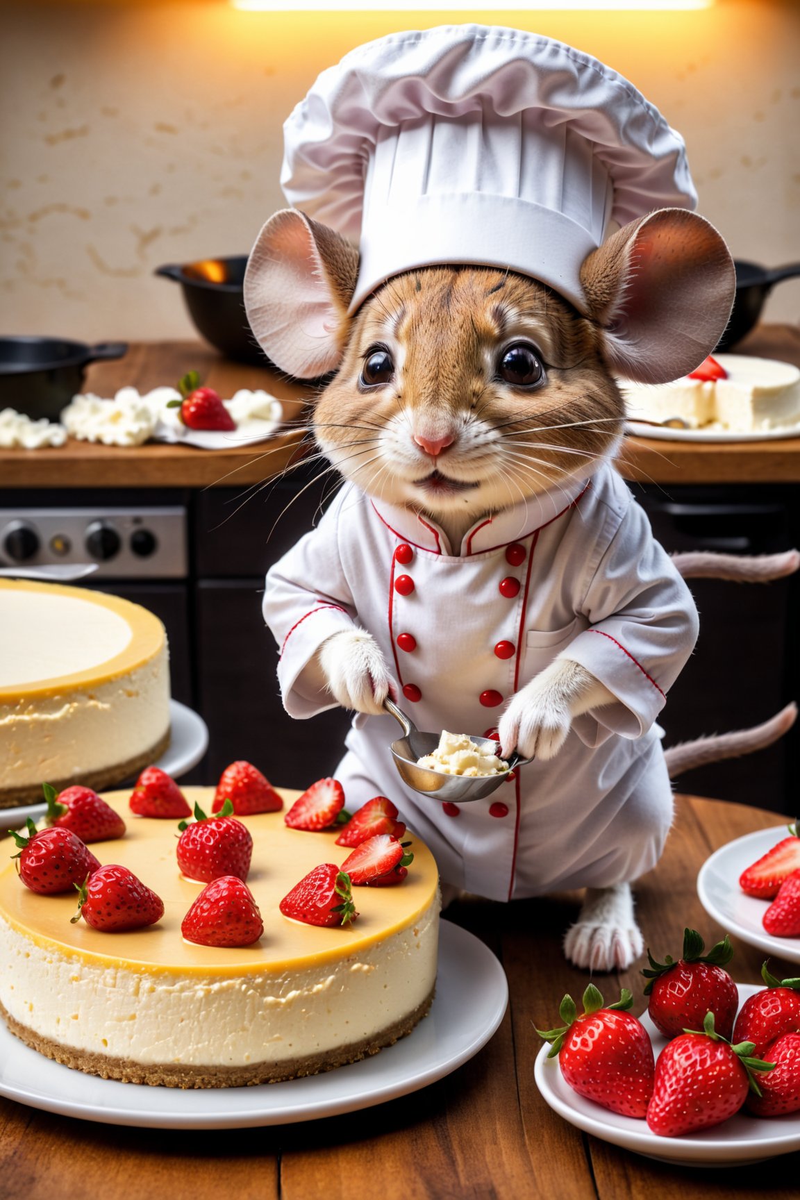 chibi, perfect-composition, Perfect pictorial composition, Creative poster, Cute, (mouse dressed as a chief), (mouse as chef), (Decorating a Really Delicious Cheesecake), (Cream cheese cake with strawberries), (messy table), (There are pieces of cheese scattered around.), (Best Quality:1.2), (Ultra-detailed), (Photorealistic:1.37), (HDR), (Vivid colors), (portrait of a), (Warm and bright color tones), (Soft diffuse lighting),food ,niji style