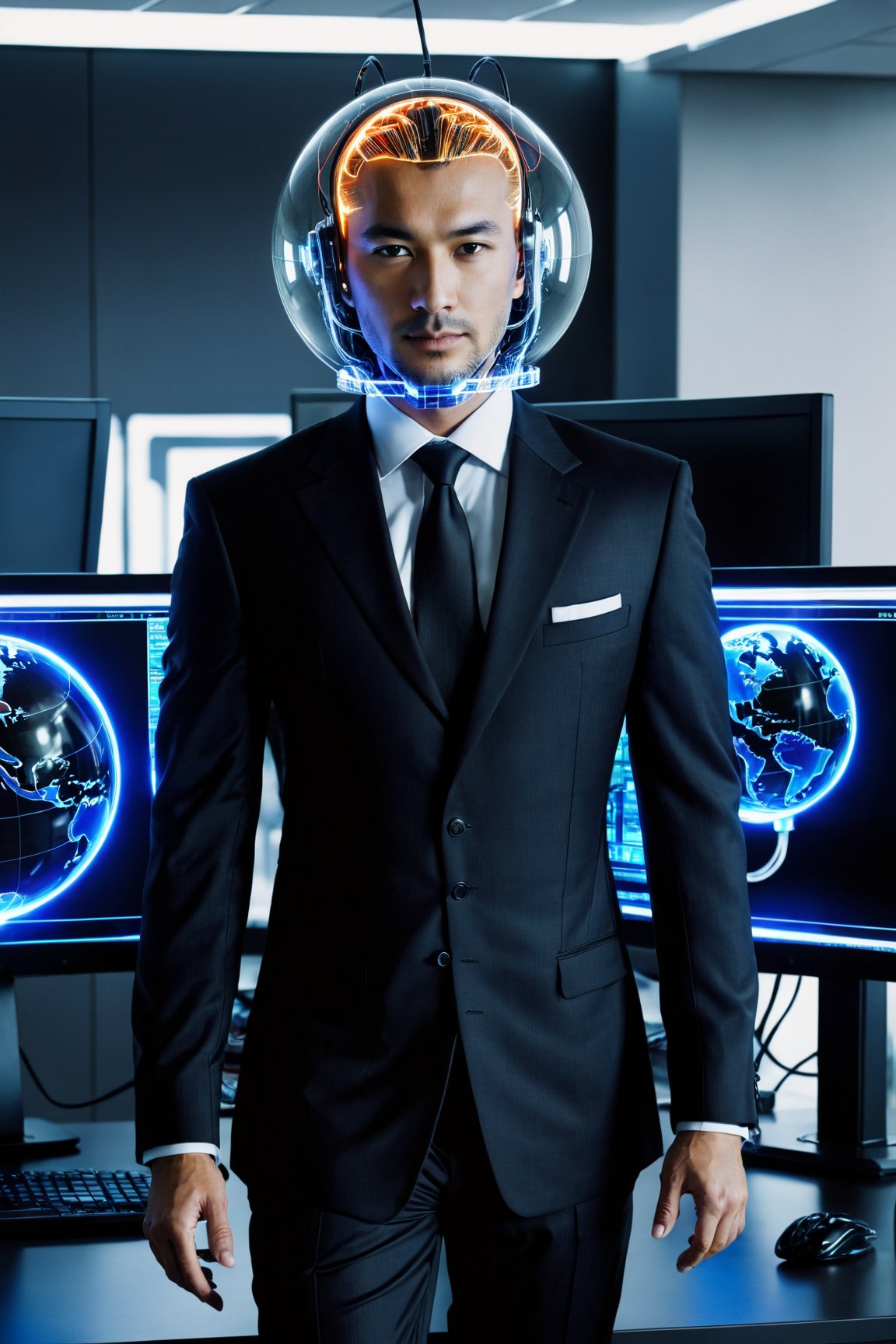 feature glowing sphere head, transparent head, sole_male, suited man, cybertech suit, office, multiple computers, wires, glowing displays