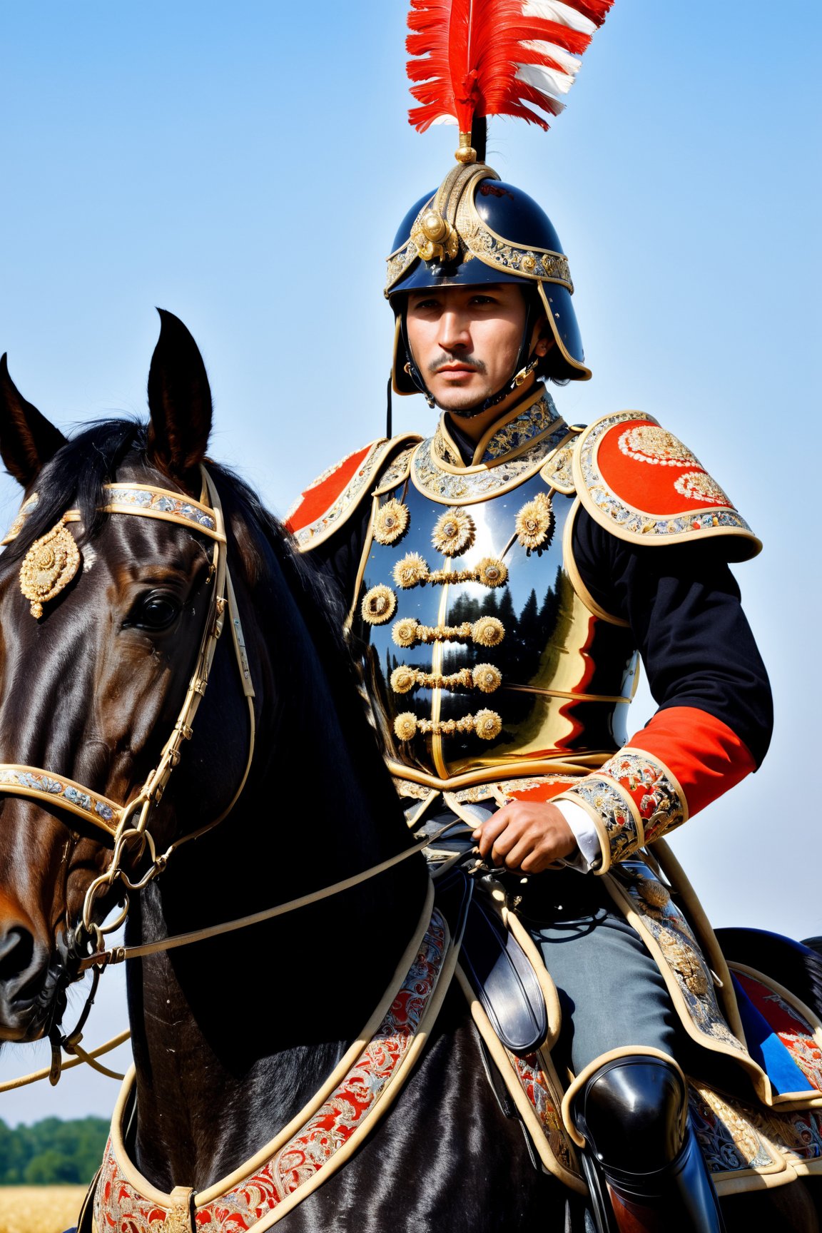 Polish man,hussar cavalry, early modern Poland depicted with the intricate art of Maki-e using gold leaf, in resplendent and majestic armor, exuding both beauty and grandeur. Envision intricate details in the armor, incorporating rich colors and ornate designs that showcase the regal essence of this formidable noble soldier, mounted on a gallant steed,Ensure that the composition conveys the historical and aesthetic significance of the hussar tradition,Obsidian_Gold,oil painting
