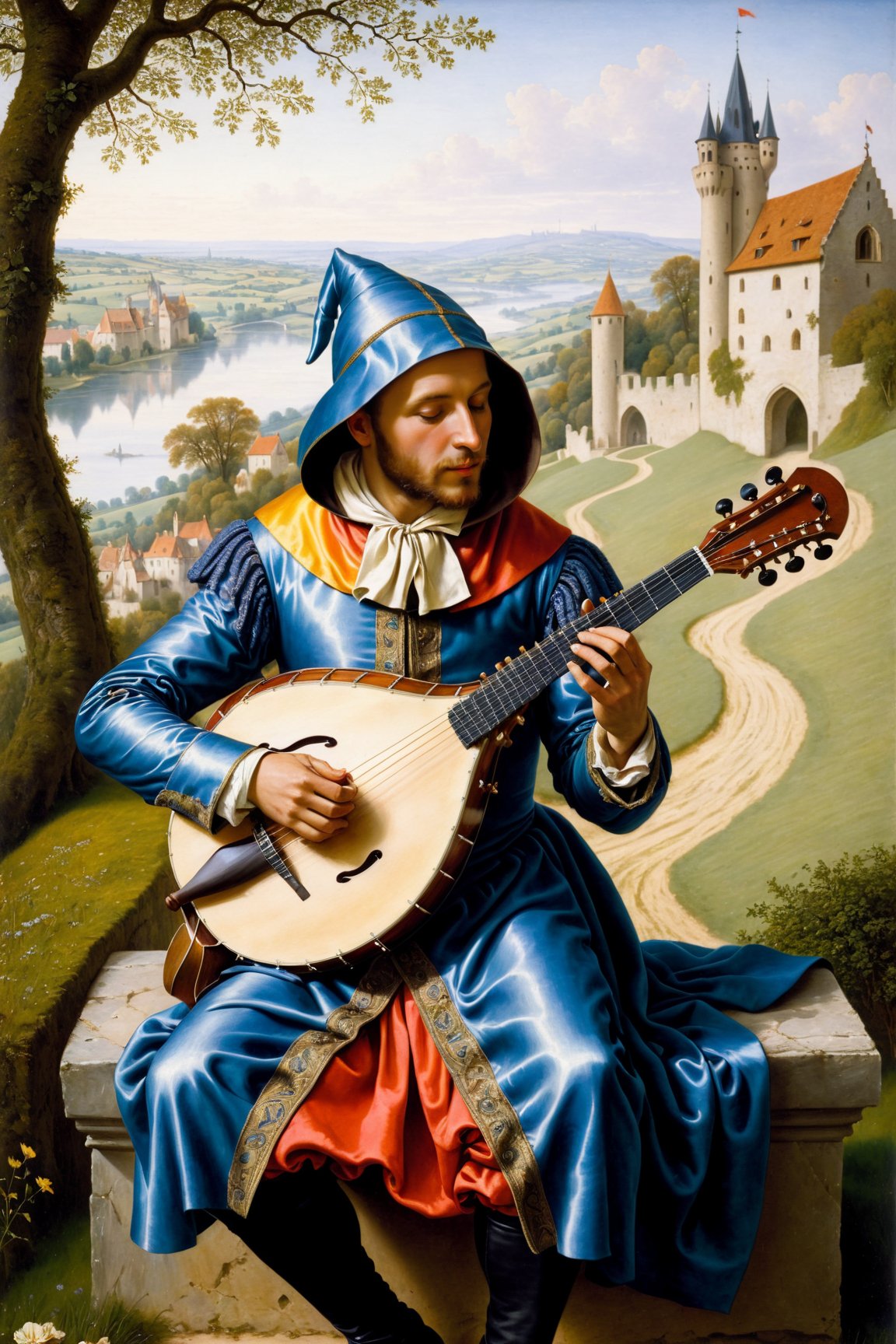 A medieval minstrel with very colorful suit with tippet and hood playing a mandolin in a romantic landscape, oil painting, extremely detailed, masterpiece, approaching to perfection, by Moritz von Schwind and Alan Lee