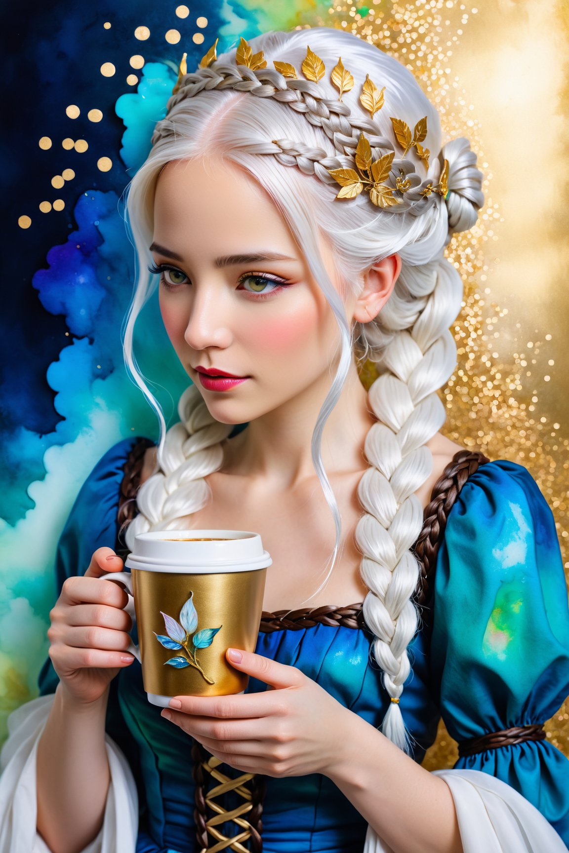 A coffee cup, surreal fairy tale, braided white hair, mixed media, gouache, vibrant, ethereal, alcohol ink, paper craft, impasto, gold leaf, HW*, high-res, ultra-detailed, realistic, portraits, studio lighting, vivid colors, bokeh.


