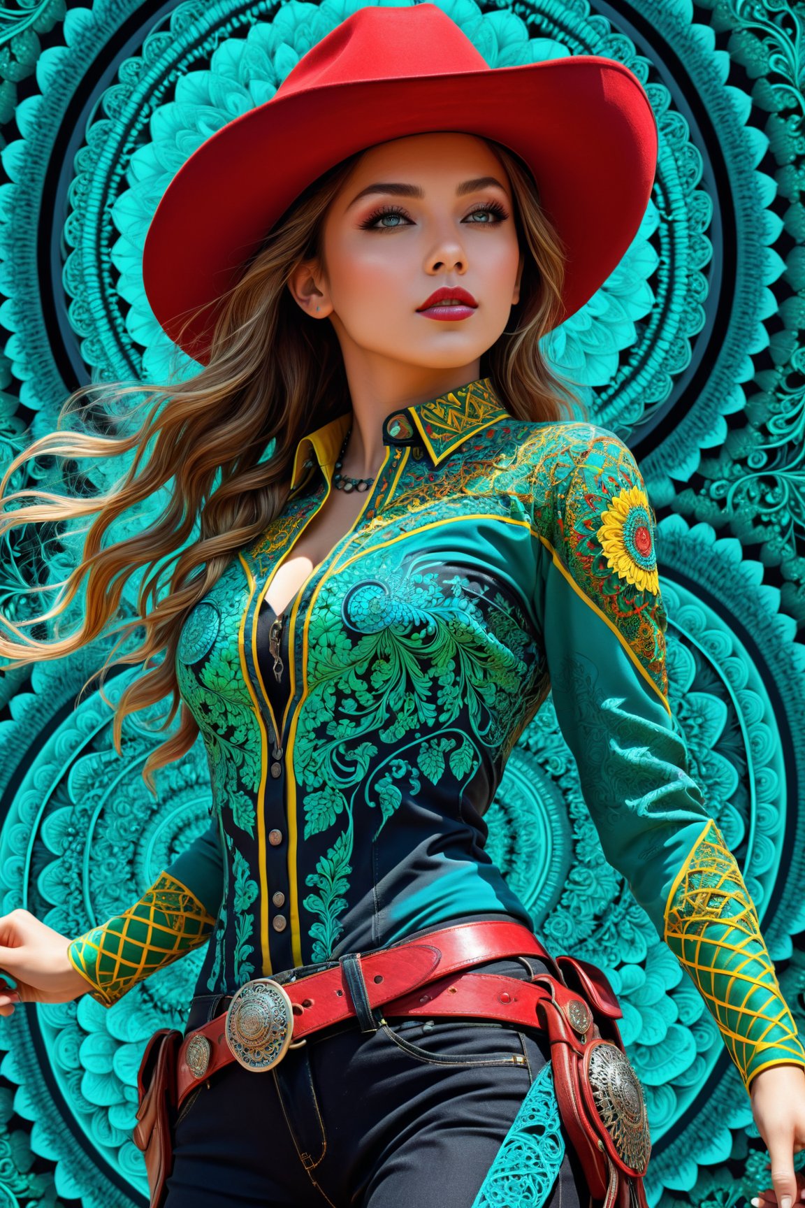 Official Art, Unity 8K Wallpaper, Super Detailed, Beautiful and Aesthetic, Masterpiece, Top Quality, (Zentangle, Mandala, Tangle, Tangle), (Fractal Art: 1.3), One Girl, Highly Detailed, Dynamic Angle, Cowboy Shot, the most beautiful form chaos, elegant, brutalist design, bright colors, red, cyan, yellow, green, romanticism