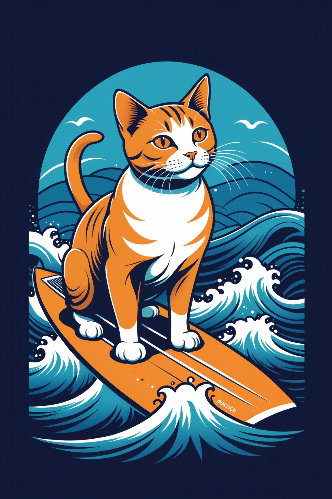 Excellence masterpice T-shirt design illustration of of an cat surffing, sharper, clean lines, outline, muted colors, tshirt design