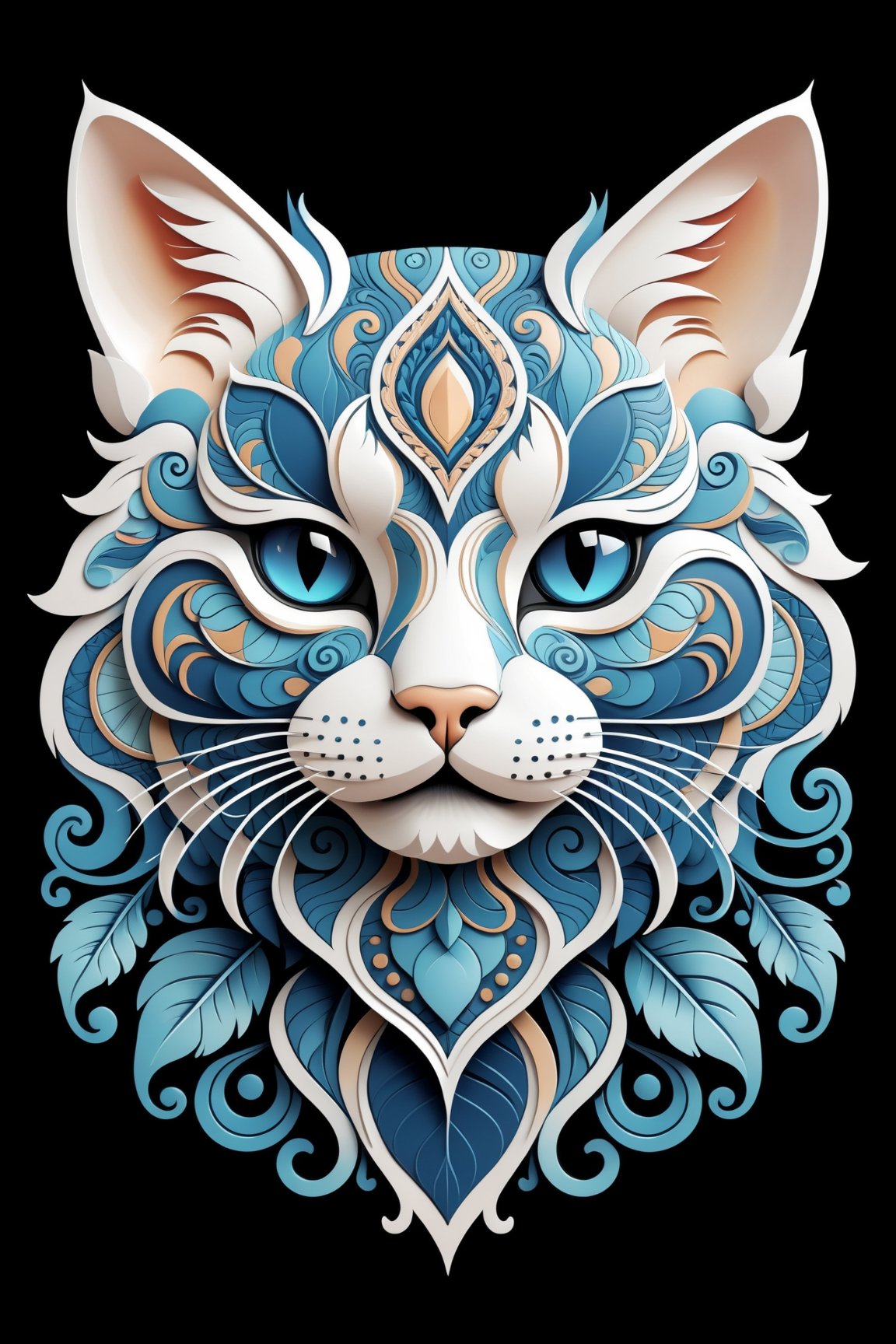 Intricate vector illustration design of a cute Cat for t-shirt, 3-6-9 pattern. Elegant, sophisticated, intricate line work, ornate details, muted color scheme, subtle gradients. Art and mathematics fusion, hyper detailed, trending at artstation, sharp focus, studio photography, intricate detail, highly detailed, centered, perfect symmetrical, bright color, solid white background, made with adobe illustrator, in the style of Studio Gibli, 3d style