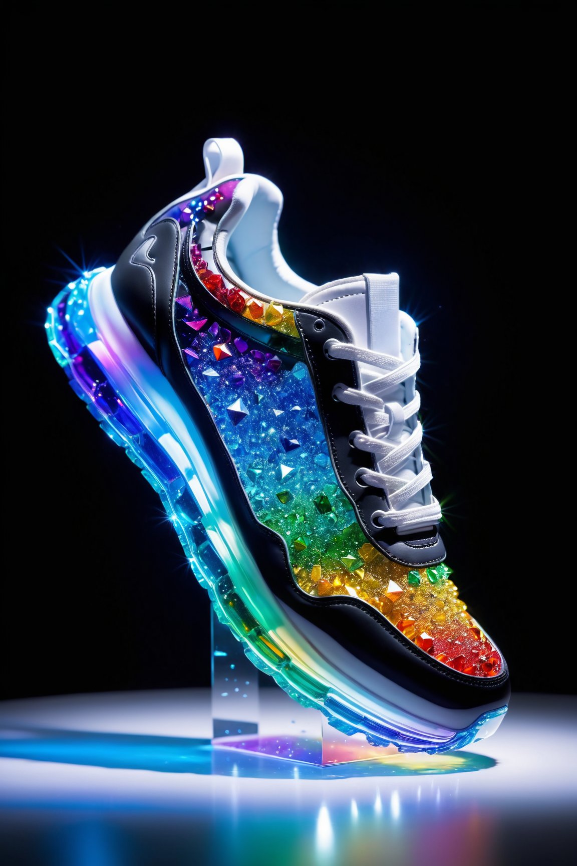 Highly detailed shot (((rainbow))) of sneaker-shaped crystal sculpture floating in the air, bright background, full motion effects, diagonal view, sparkling crystal particles, backlight, ultra-sharp focus, high-speed shot, vivid color, bioluminescence, high quality

