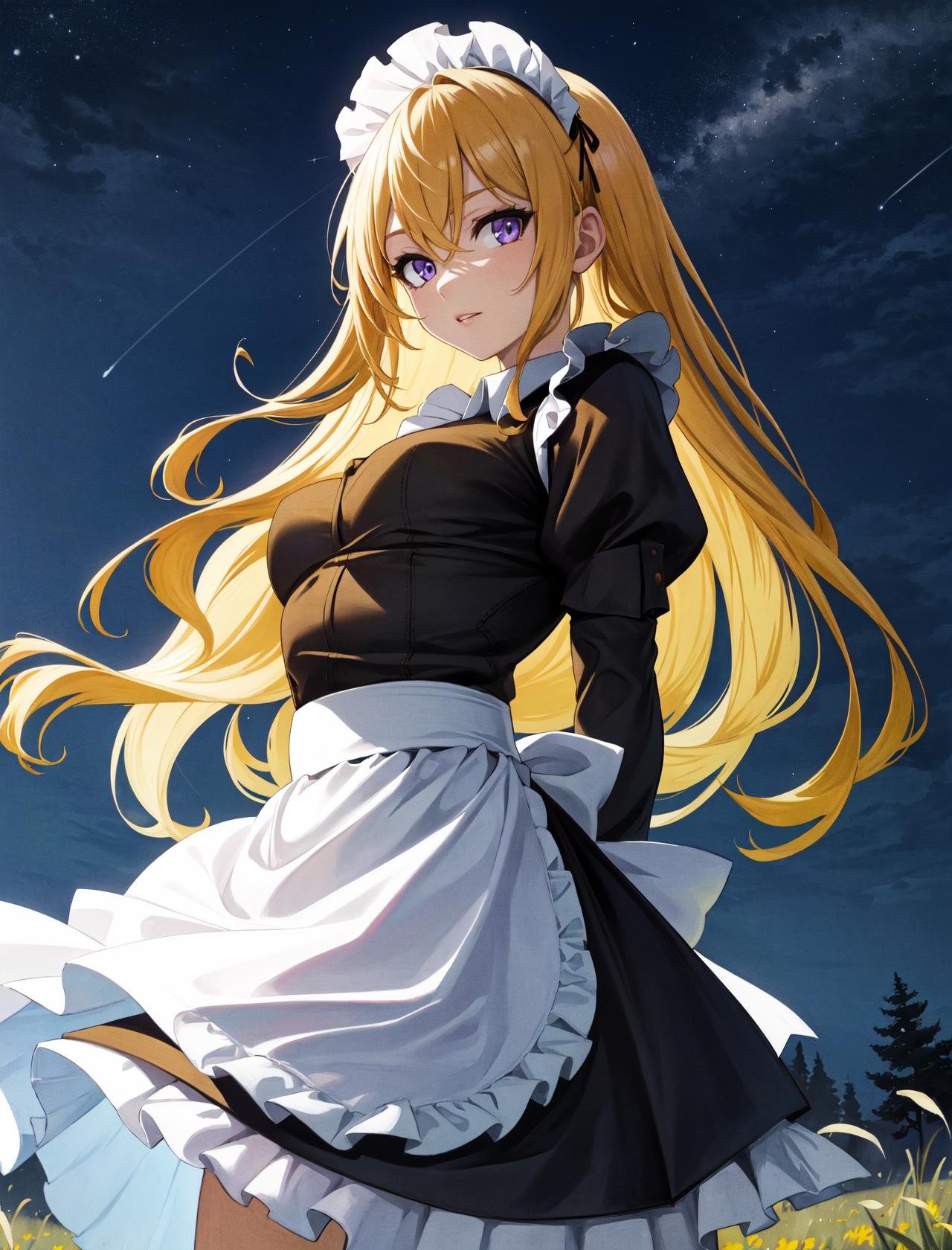 masterpiece, best quality, highres,1girl, solo, purple eyes, blonde hair, long hair, wavy hair, very long hair, hair between eyes, bangs, maid, maid headdress, maid apron, lace, lace trim, puffy sleeves, long sleeves, cowboy shot, looking at viewer, arms behind back, outdoors, forest, field, night, sky, night sky, starry sky, <lora:LoRA_Xiao:1>