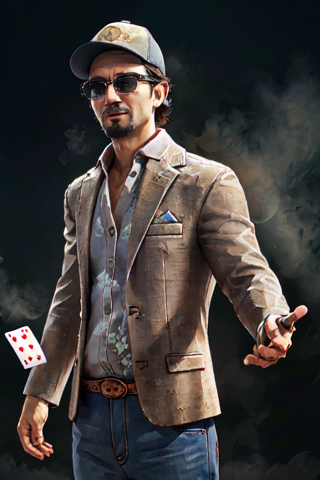 1boy, solo, Ace Visconti, Dead By Dayligh, Argentinian of Italian descent, gambler, grey-streaked hair, facial hair, sunglasses, (cap), damask print shirt, classic jacket, jeans, mature, manly, masculine, handsome, charming, alluring, dashing, smirk, (standing), (upper body in frame), dark background, fog, dark atmosphere, cinematic light, perfect anatomy, perfect proportions, perfect perspective, 8k, HQ, (best quality:1.5, hyperrealistic:1.5, photorealistic:1.4, madly detailed CG unity 8k wallpaper:1.5, masterpiece:1.3, madly detailed photo:1.2), (hyper-realistic lifelike texture:1.4, realistic eyes:1.2), picture-perfect face, perfect eye pupil, detailed eyes, realistic, HD, UHD, portrait, looking outside frame, side view, dynamic, cinematic , floating poker cards,best quality