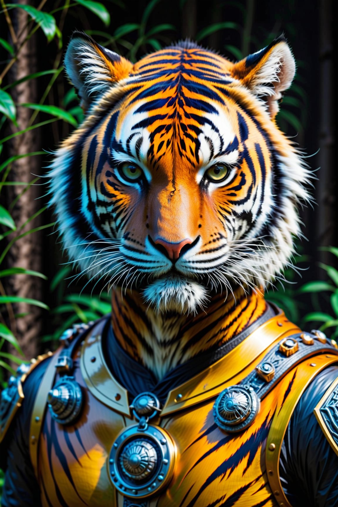 qualidade superior, dramatic lighting, menacing pose, olhar feroz, epic atmosphere, (((Tiger head shaped helmet))), (((tiro de corpo inteiro))), tigre de metal, Ciborgues, estilo cyberpunk, mechnical, ((detalhes intrincados)), NFFSW, ((detalhes intrincados, Hiperdetalhes)), incandescent bulbs, Cinematic Shot, vinheta, bokeh efeito beckground, (tigre), (tiro de corpo inteiro).
