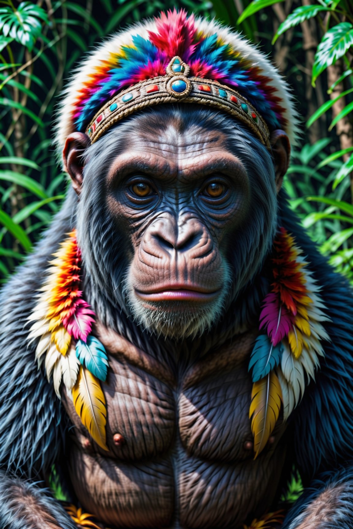 Chimpanzee with indigenous headdress on head, ((meditating)) colorful feathers, facing the camera, detail: sitting in the middle of dense tropical foliage, highly detailed intricate, ((masterpiece)), ultra hyperrealistic, masterpiece

