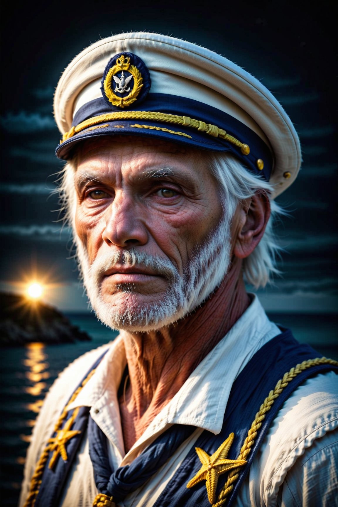 Award-winning portrait photo of a man, of an old story-telling sailor wearing a captain's cap, Augen in die Kamera gerichtet, (bokeh:0.7), seitlich beleuchtet, (faltiges Gesicht im Detail:0.7), Telebild, mondhell, Fackelschein, somber atmosphere, oceanic night outside, realistisch, Komplizierte Details, Echt gealterte Hautstruktur
